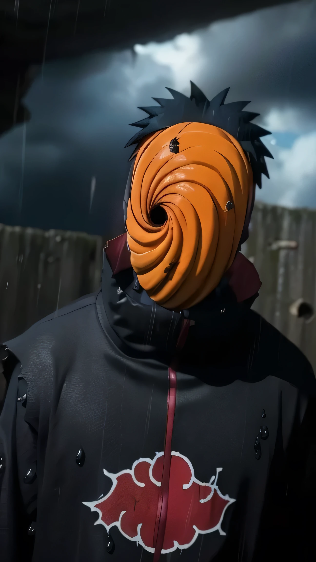 score_9,score_8_up,score_7_up,source_anime,rating_safe BREAK masterpiece,highres,best quality,high quality,dramatic angle,cinematic lighting,1boy,Tobi,orange mask,black hair,black robe,akatsuki robe,black robe with red cloud pattern on it,patterned,black gloves,torn clothes,torn mask,scar,rain,depth of field,rainy,raindrop,water,wet,dark clouds,ruin,serious,covered only half face,red eye,sharingan,glowing eye,damaged,from below,