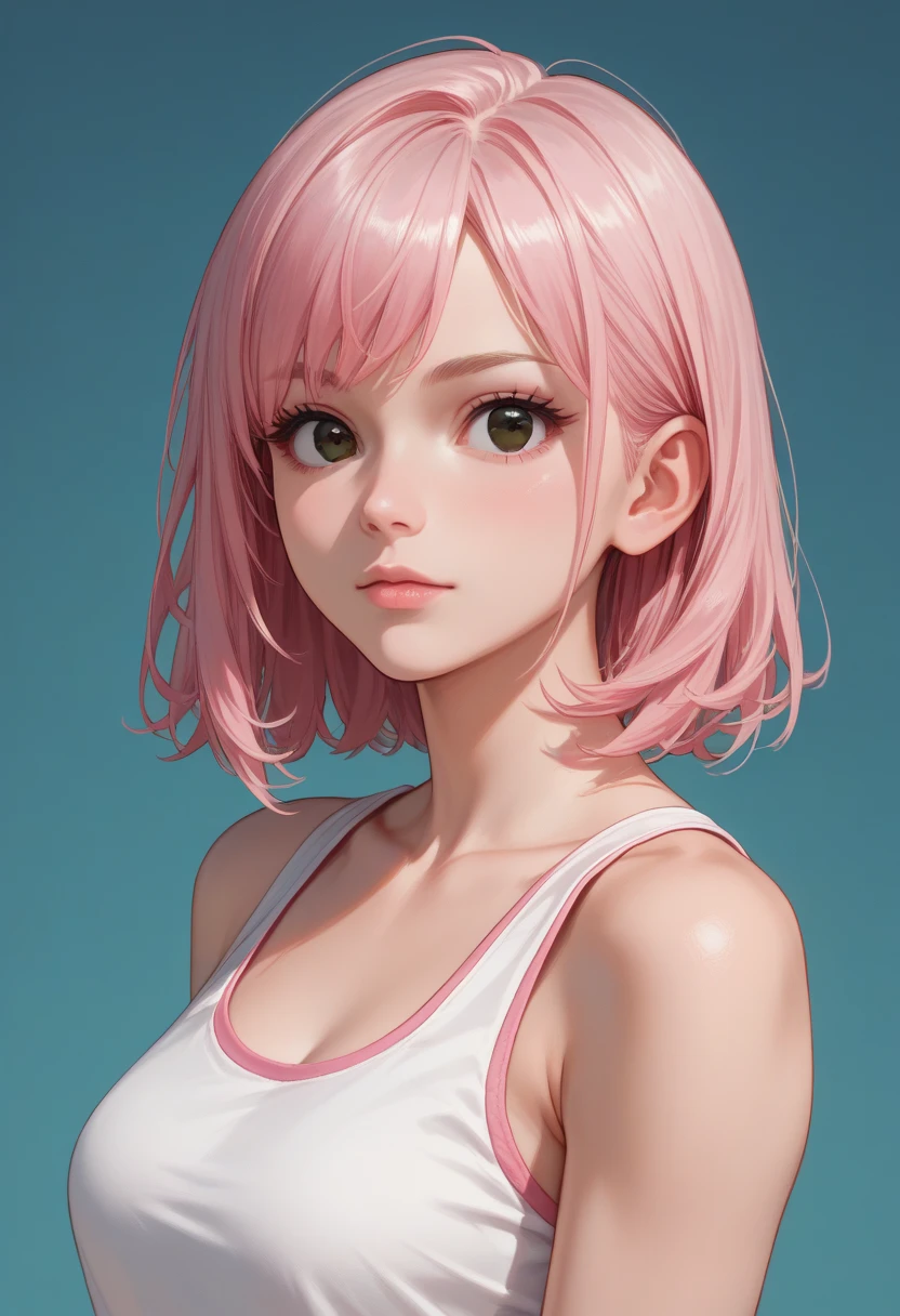 best quality, 32k, RAW photo, incredibly absurdres, extremely detailed, delicate texture, beautiful woman, slender, thin flat body line, pink glossy messy short pixie cut, abs, crop tank top, fitness shorts