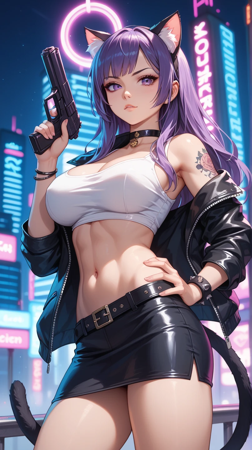 elise, mature woman, 25 yo, anime cels style, 1girl, beautiful face, long hair, blush, lipstick, jewelry, earrings, Hot girl, baddie, off shoulder, staring, glaring, shin raised up high, bad attitude, mean girl, dare, angry, hate, crazy, hot, slut, whore, smoking, sexy, cleavage, sensual, slutty, sultry, attractive, big breast, tattoo, e girl, big lips , blush, lipstick, outdoors, rooftop, cityscape, building, railing, night, night sky, scenery, , city lights, masterpiece, best quality, highly detailed, a girls with a gun, evil smile , open mouth, sexy gaze, badass pose , evil smile, smile, guns blazing, anime girl with long hair, beautiful long haired girl, navel, evil expression, exposed belly, exposed navel, exposed midriff, exposed lower belly, long black pants, crop top, cleavage, unbuttoned leather pants ,open fly, low rise black leather pants, leather jacket, holding a gun, navel piercing