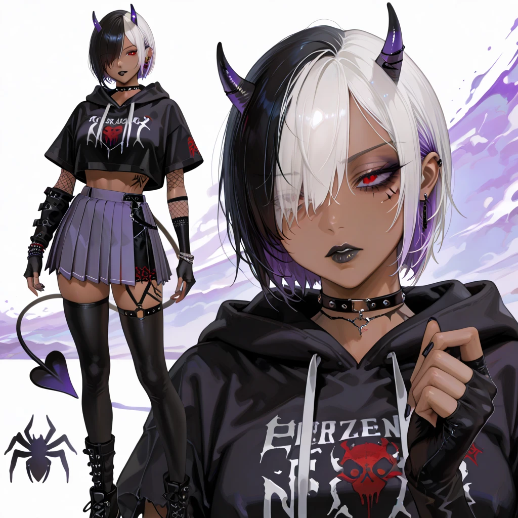 1girl, messy spiky white long hair, red eyes, septum piercing, eyebrow piercing, vampire fangs, ear piercings, wearing black punk jacket, wearing black baggy jeans, bat wings, black horns, wielding scythe, high res, ultrasharp, 8k, masterpiece, looking at viewer