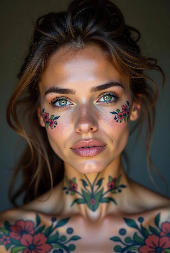 Nathalie Portmann, 25 ans, seductive look, sourire romantique, fine, brune, yeux verts, masterclass, 8K, UHD, HD, High quality, sexy, dans un atelier de peinture, topless, bodypainting, great wave of hokusai painted on the body