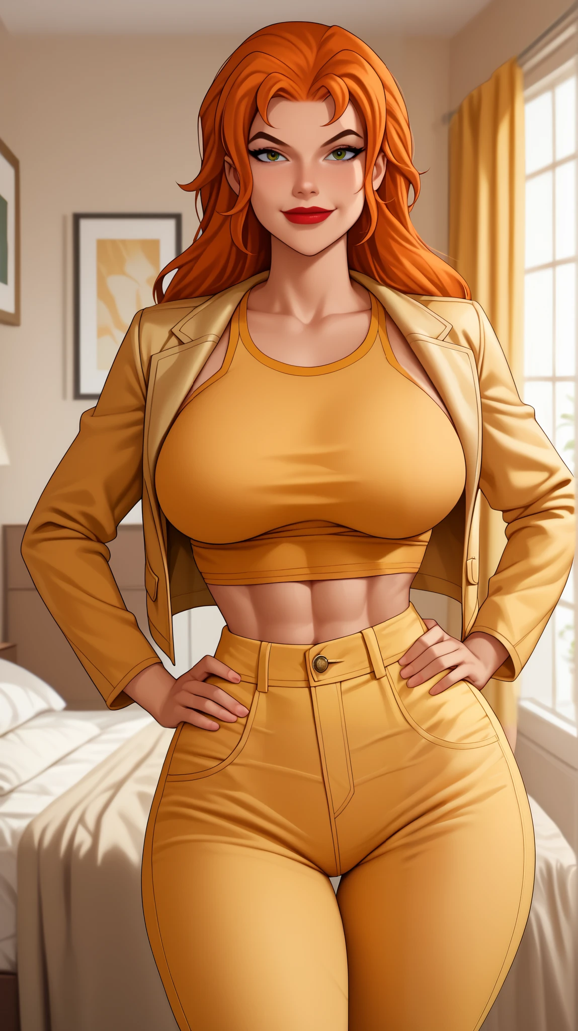 Score_9, Score_8_up, Score_7_up, Score_6_up, Score_5_up, Score_4_up, Source_anime, Tag1, Tag2, Quality_masterpiece, Anatomically correct, Beautiful face, Perfect face, Highly detailed beautiful face and eyes, Attractive face, Detailed face, Delicate facial features, Detailed skin, Wide hips, Huge butt, big butt, Thick thighs, Mature female, long hair, Bedroom eyes, Perspired BREAK Rating_safe, motherly face, bedroom, detailed eyes, toned body, milf, motherly look, mature female, milf, hg1, long hair, green eyes, yellow crop top, yellow green leather jacket, yellow jeans, open jacket, red lips, orange hair, happy expression, hawkgirl, justice_league, shayera hol, looking at viewer, smiling, closed mouth, large breasts, standing, indoors, hands on hips