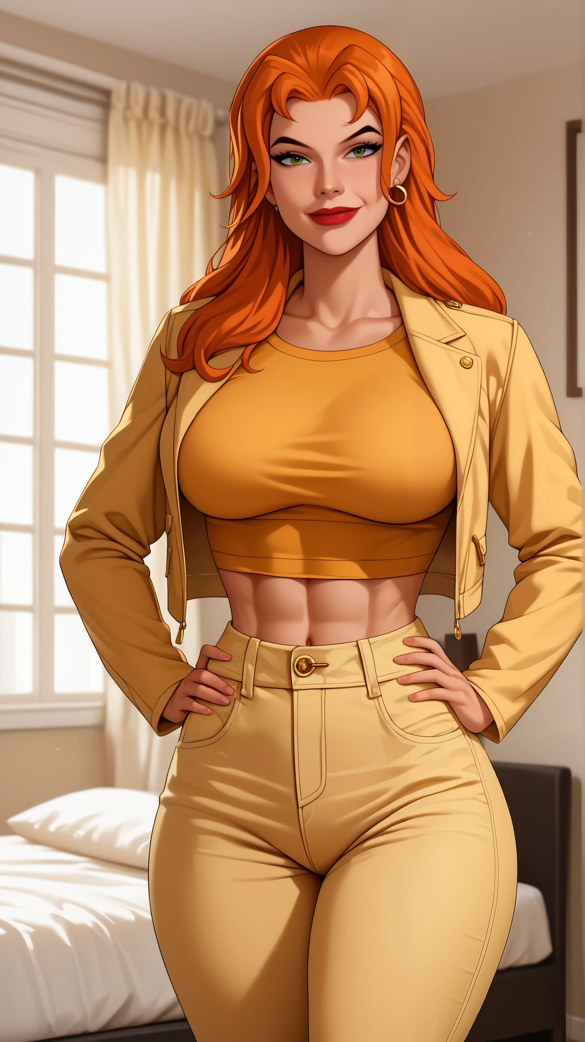 Score_9, Score_8_up, Score_7_up, Score_6_up, Score_5_up, Score_4_up, Source_anime, Tag1, Tag2, Quality_masterpiece, Anatomically correct, Beautiful face, Perfect face, Highly detailed beautiful face and eyes, Attractive face, Detailed face, Delicate facial features, Detailed skin, Wide hips, Huge butt, big butt, Thick thighs, Mature female, long hair, Bedroom eyes, Perspired BREAK Rating_safe, motherly face, bedroom, detailed eyes, toned body, milf, motherly look, mature female, milf, hg1, long hair, green eyes, yellow crop top, yellow green leather jacket, yellow jeans, open jacket, red lips, orange hair, happy expression, hawkgirl, justice_league, shayera hol, looking at viewer, smiling, closed mouth, large breasts, standing, indoors, hands on hips