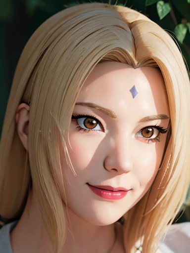 Tsunade from “NARUTO” is depicted with a confident and approachable demeanor. She has shoulder-length blonde hair that frames her face, with a prominent diamond-shaped mark on her forehead, signifying her immense chakra reserves and healing abilities. Her breast is very big, ultra natural  ig breast, ultra realistic body, uktra hd, uktra realistic face, big breast, braless, smooth vagina