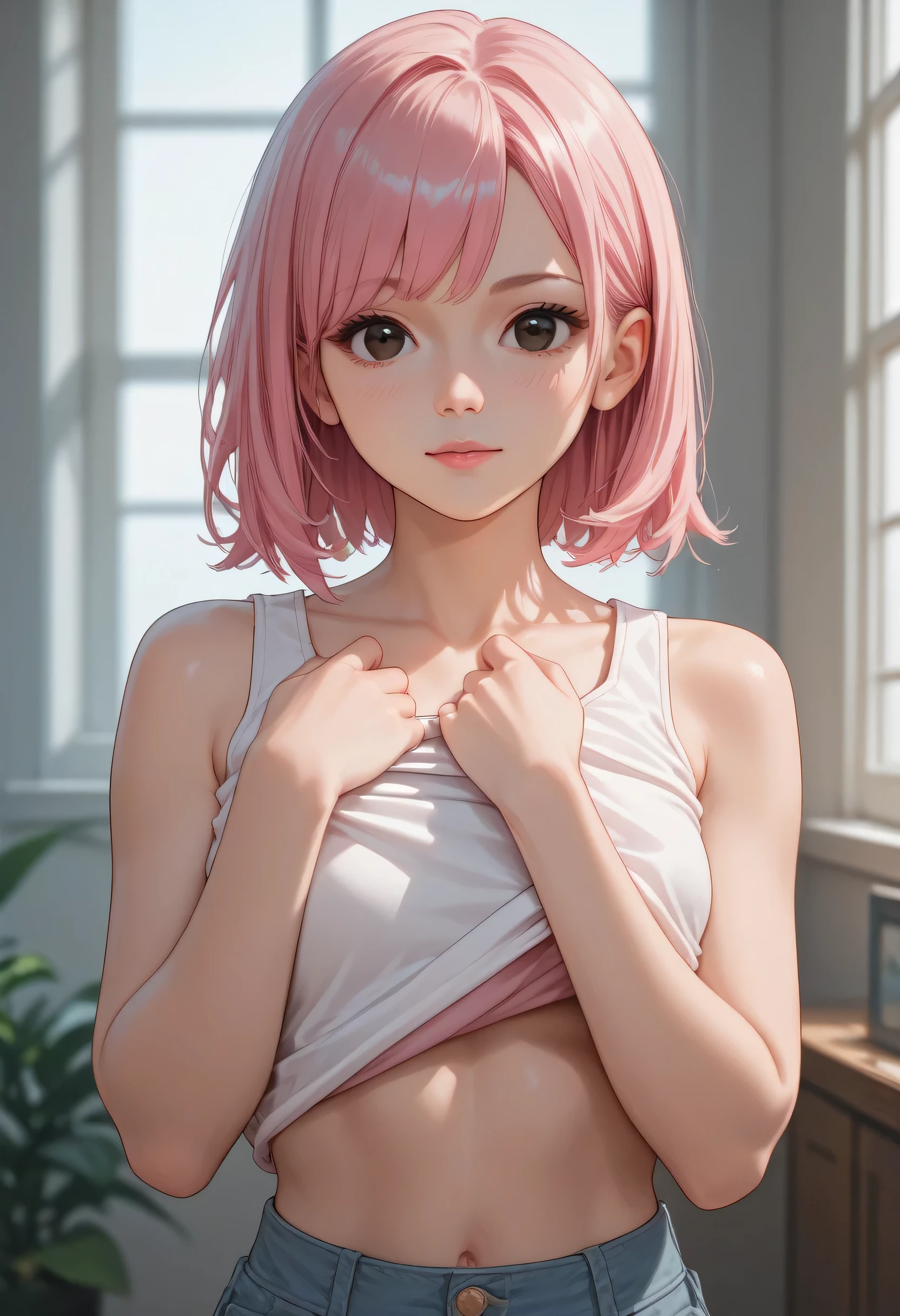score_9, score_8_up, score_7_up,source_anime, high res image,masterpiece,best quality,girl,cute face,clear skin,white medium hair,pink highlight hair,black eyes,tanktop,lift up clothes,