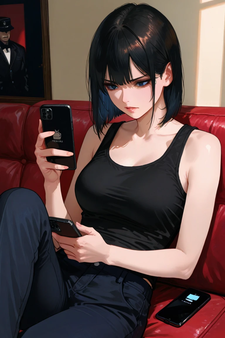 mature woman, goth, hot face, black lipstick, tongue out, teasing expression, seductive grin, hot face, (sharp eyes), gray eyes, short hair, messy hair, black hair, slim body, medium breast, short pants, hot pants, black clothes, midriff, sitting down, (sitting on rolling chair, sitting in front of a computer, flat schreen computer), crossing legs, (holding phone), view from side, side view, living room