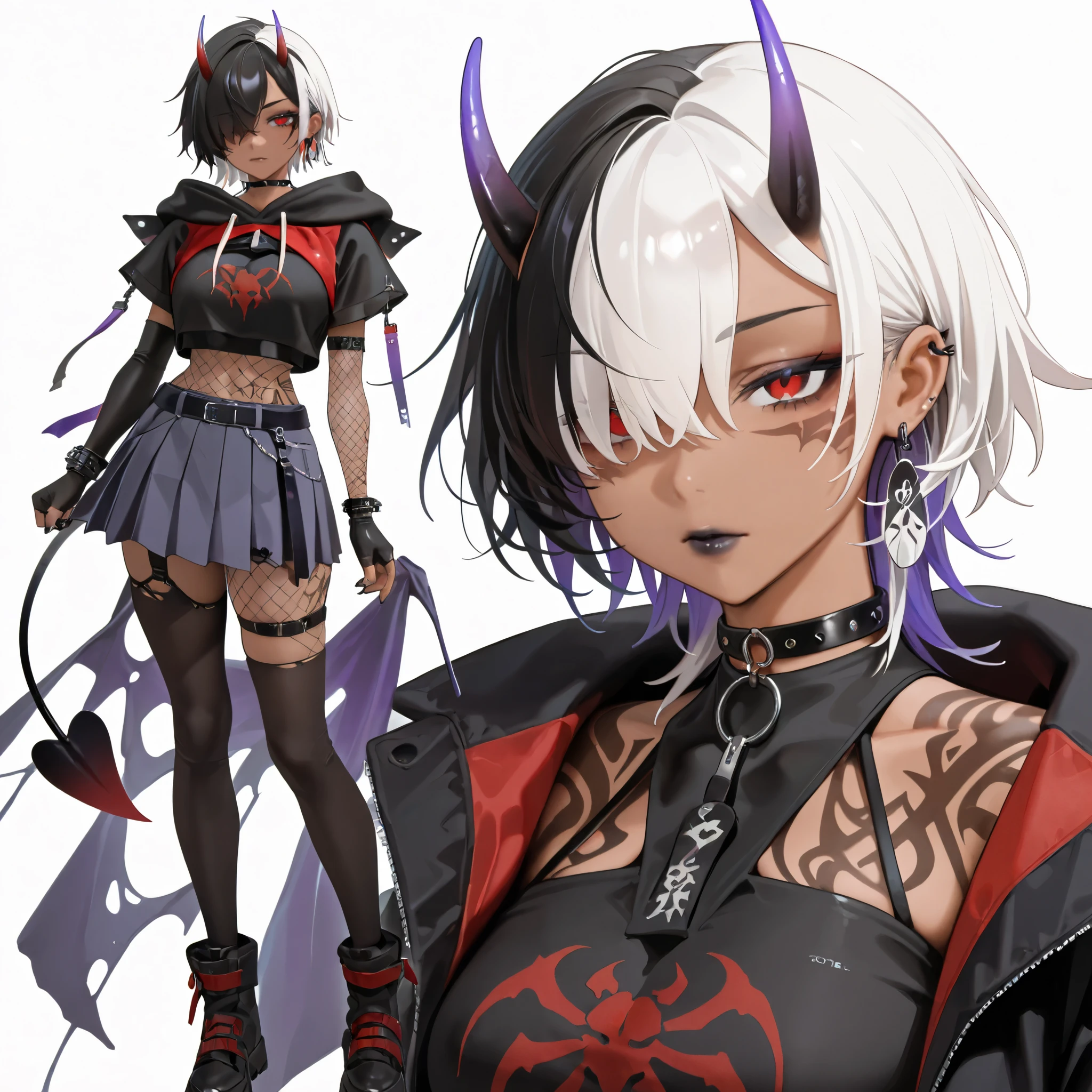 1girl, short hair, ((two-tone hair)), ((white hair over right eye)), ((white bangs)), black hair, red eyes, black cropped hoodie with short sleeves and spider decals, ((black lips)), choker, earrings, fishnet elbow gloves, fingerless gloves, demon tail, purple transparent horns, narrowed eyes, sharp black nails, dark skin, tribal tattoo on arms, ((tribal tattoo under left eye)), detached horns, black and purple pleated skirt, ((sharp horns))
Standing
masterpiece, best quality, amazing quality, very aesthetic, absurdres, newest,