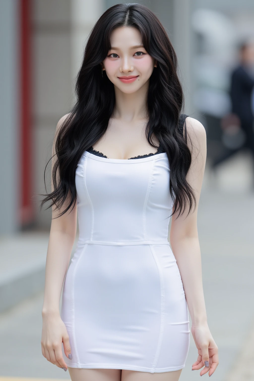 22 year old girl, with gray eyes, pale white skin, slim figure, smiling, black hair, in fashion, photo taken with ultra-realistic professional camera

