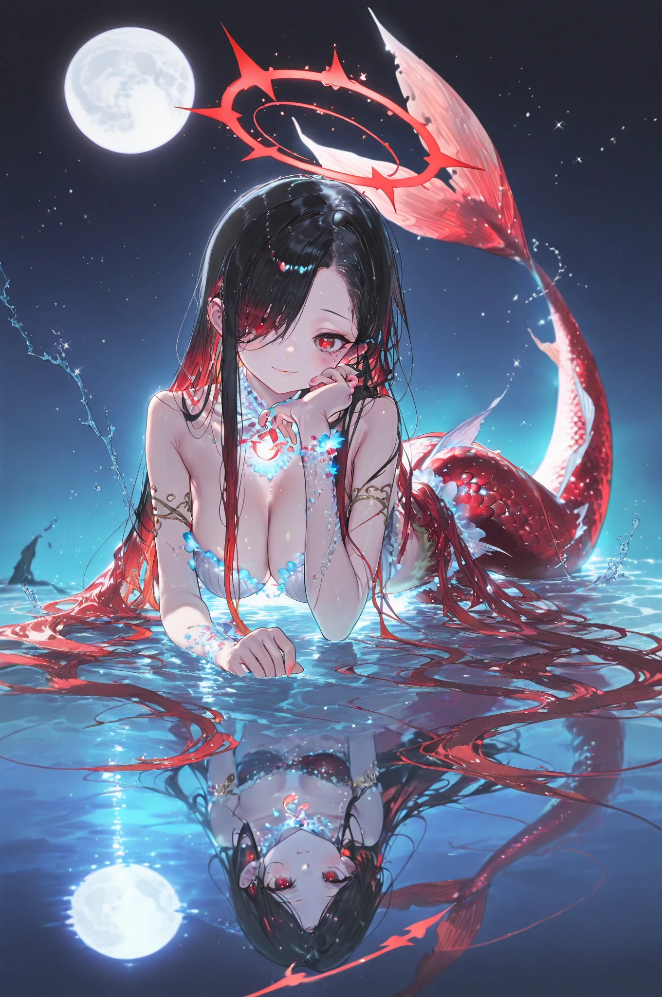 Inside the narrow red cave、not gross、Drying、dim、No exit、blue black hair mermaid、naked、small breasts、Filled with countless red tentacles、My arms are tied up by red tentacles、become unable to move、Sweat、panic