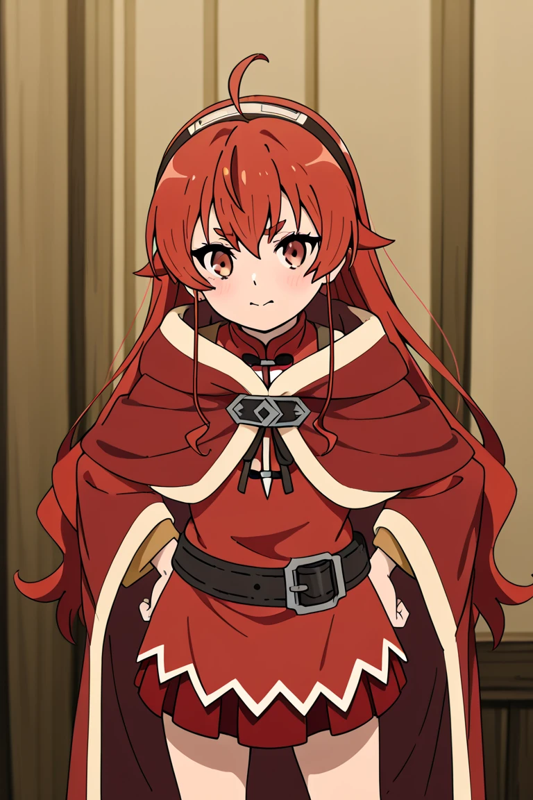 ARNES, BREASTS, POINTY EARS, RED EYES, RED HAIR, LONG HAIR, LARGE BREASTS, HAIR BETWEEN EYES, FACIAL MARK, MONSTER GIRL, HAIR TUBES, DEMON GIRL, DRAGON HORNS, BANGS, SLIT PUPILS, SIDELOCKS, FANG, FACIAL TATTOO, DEMON HORNS, hood, hood up, long sleeves, dress, scarf, horns, animal hood, black footwear, cloak, animal ears, brown footwear, white scarf, 1girl, solo, upper body, facing viewer, (looking at viewer:1.5), in the center, smile