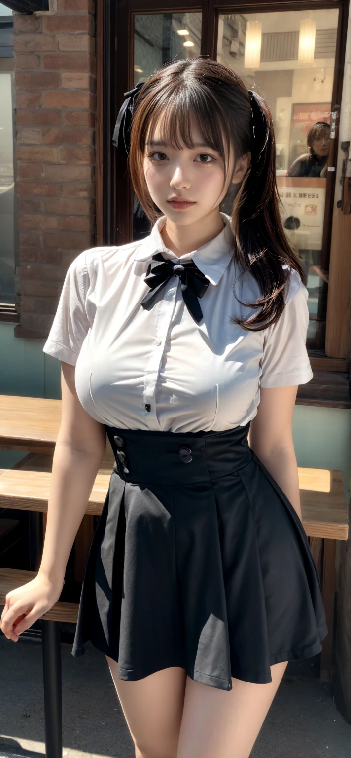 Detailed face、highlight、Asian Girl、thigh、Tabletop、breast enhancement、Bodyline、Black Hair、Heavy bangs、Checkered Skirt、White blouse、Support your chest with your arms、
