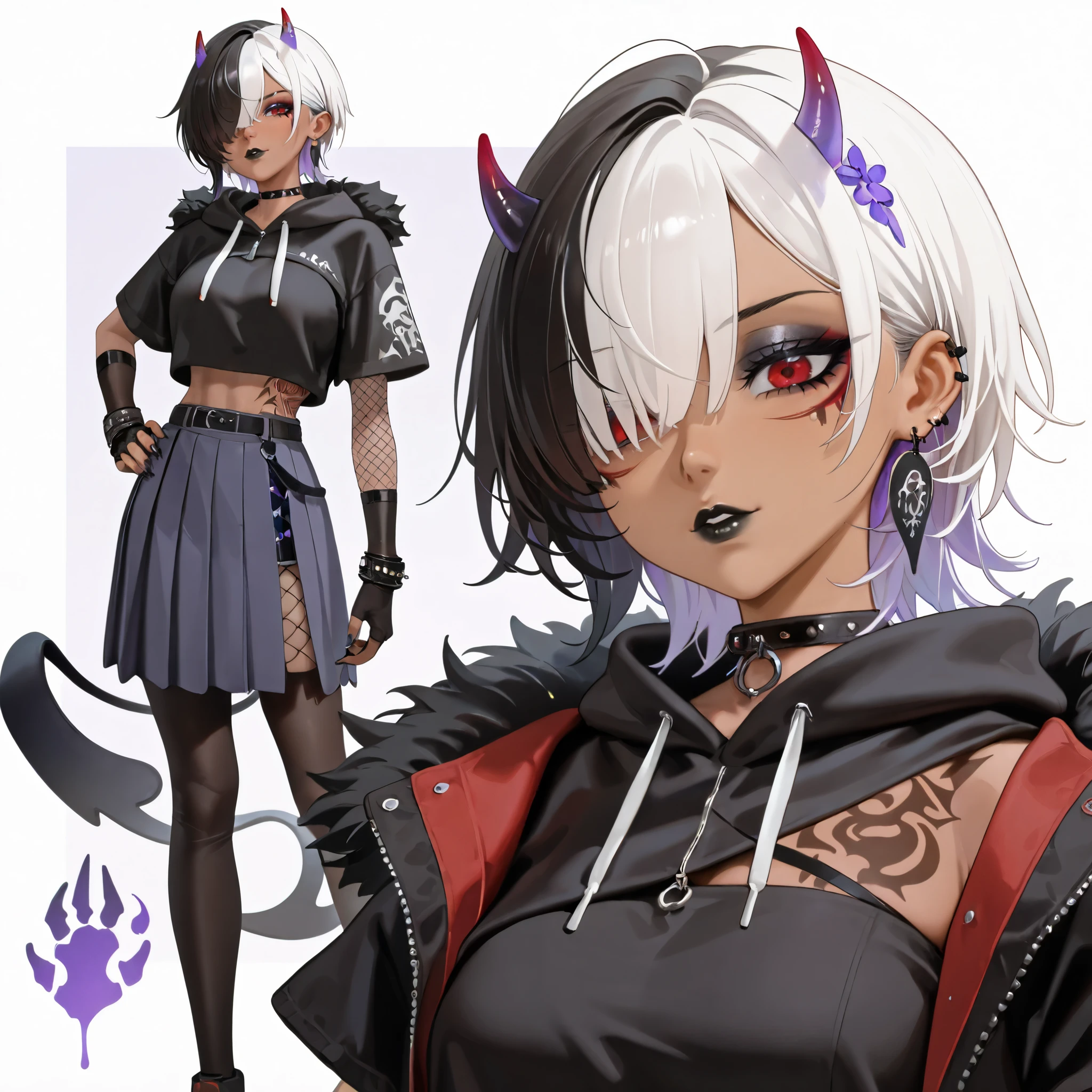 1girl, short hair, ((two-tone hair)), ((white hair over right eye)), ((white bangs)), black hair, red eyes, black cropped hoodie with short sleeves and spider decals, ((black lips)), choker, earrings, fishnet elbow gloves, fingerless gloves, demon tail, purple transparent horns, narrowed eyes, sharp black nails, dark skin, tribal tattoo on arms, ((tribal tattoo under left eye)), detached horns, black and purple pleated skirt, ((sharp horns))
Standing
masterpiece, best quality, amazing quality, very aesthetic, absurdres, newest,