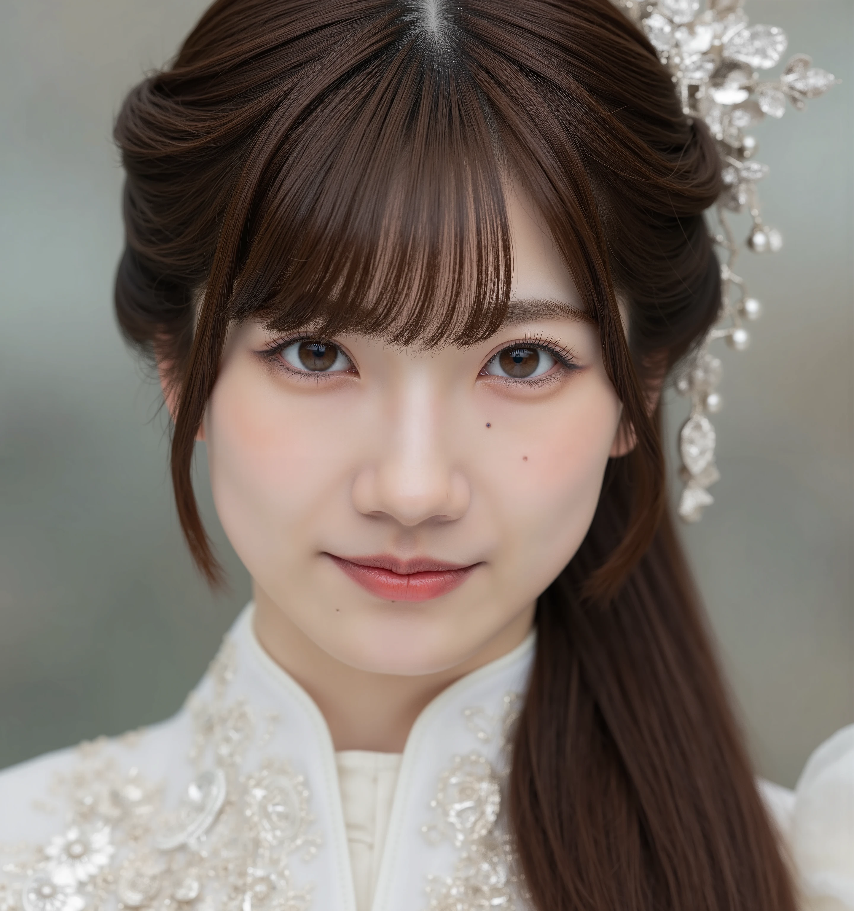A close-up of the face of a young Asian woman, Odagura, with long straight brown hair with bangs and pale skin. She is dressed as a princess.