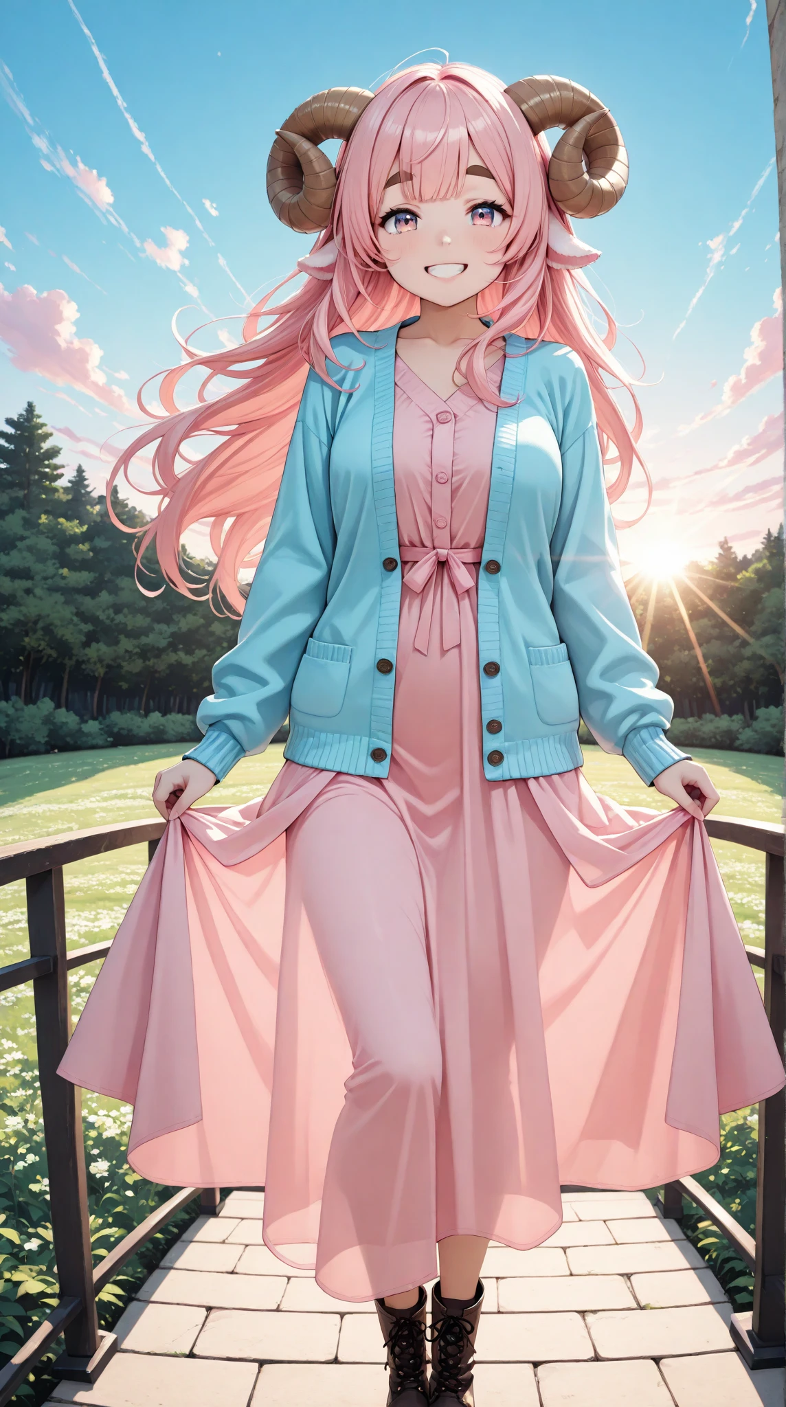 (masterpiece:1.2, good ), 1girl, solo, looking at viewer, (1girl\Fluffy & pink long hair:1.3\Thick eyebrows\Round sheep horns\pink long dress\Sky blue cardigan\boots\Close eyes\sleeping:1.5\smile＋happy:1.2\fetal position:1.2), BREAK, detailed background, Breezy Grassland nature theme, dim lighting, light rays, depth of field, incredibly absurdres, highres, newest, BREAK, ひつじちゃん:1.2