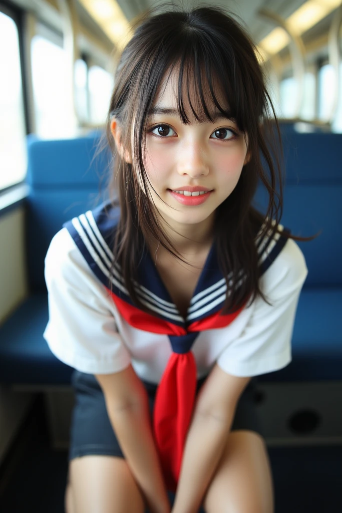 smiling girl with no visible 、 photos、Best Images、Entertainer class beautiful girl、 crouches on a train seat 、 Genuine 、 sailor suit、 Red Scarf on the Chest 、 opened my wide、Front