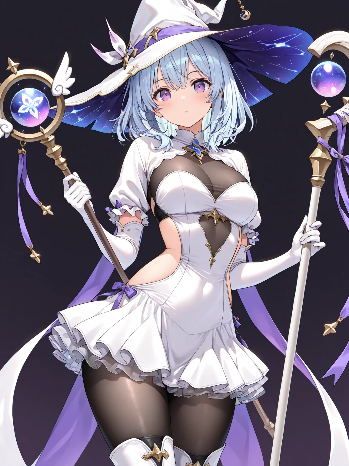 absurdres, highres, (official art, beautiful), dynamic angle, ultra detail, takimoto hifumi, long hair, laugh, blue eyes, large breasts, ponytail, purple hair, gloves, hat, dress, bow, bare shoulders, sleeveless, elbow gloves, white gloves, white dress, witch hat, white headwear, pelvic curtain, side slit, luminescence light effects, divine effects, feather effects