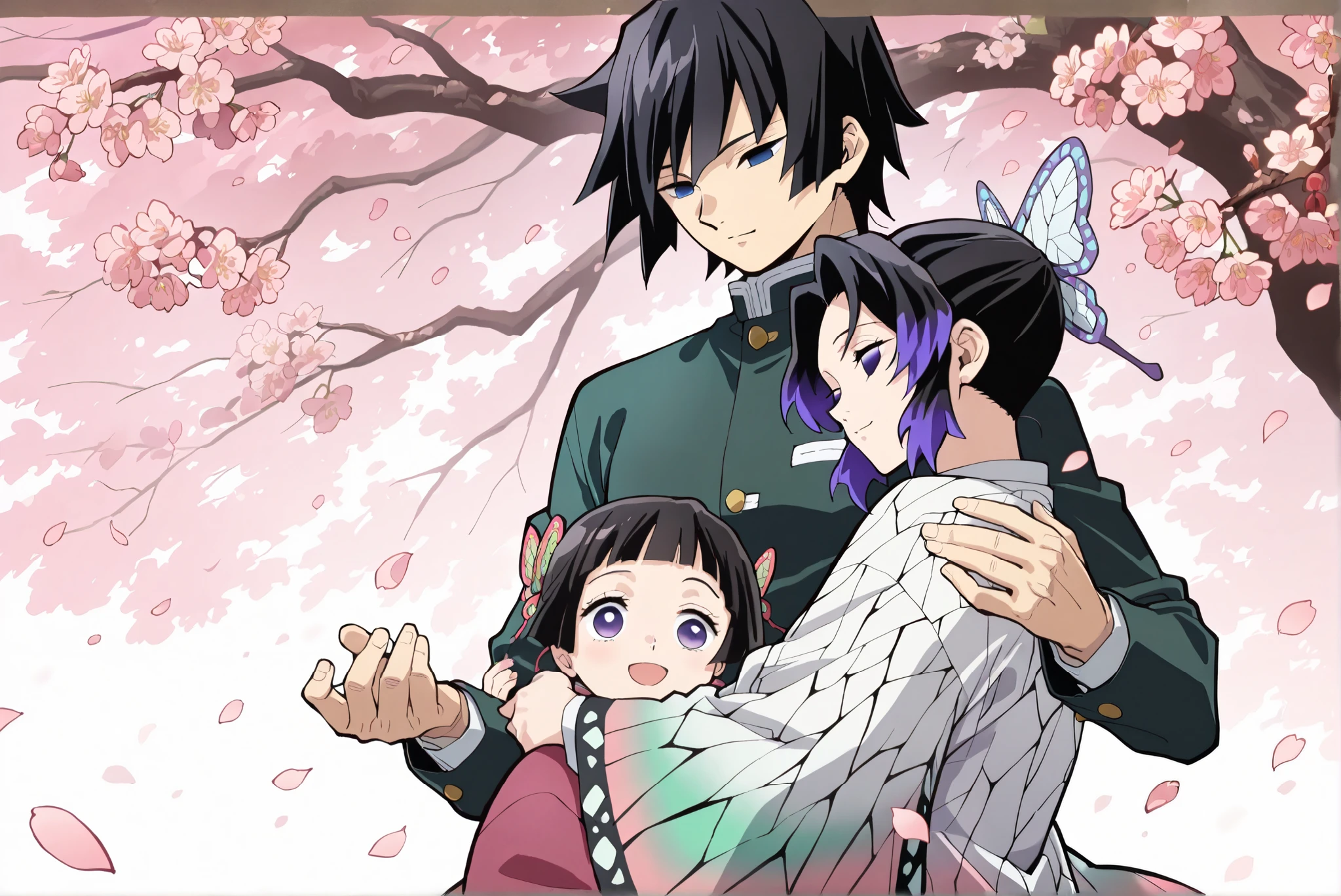 ((masterpiece)), ((best quality)), (8k), A brunette boy and a girl hugging each other, (Giyuu Tomioka), The boy is Tomioka Giyu from Demon Slayer, Tomioka Yoshiyuki, Tomioka Giyu , (kochou shinobu), The girl is Shinobu Kocho from Demon Slayer, cherry blossom tree background, falling petals, anime style, Anime style, Refer to the style of Koyoharu Gotouge's work