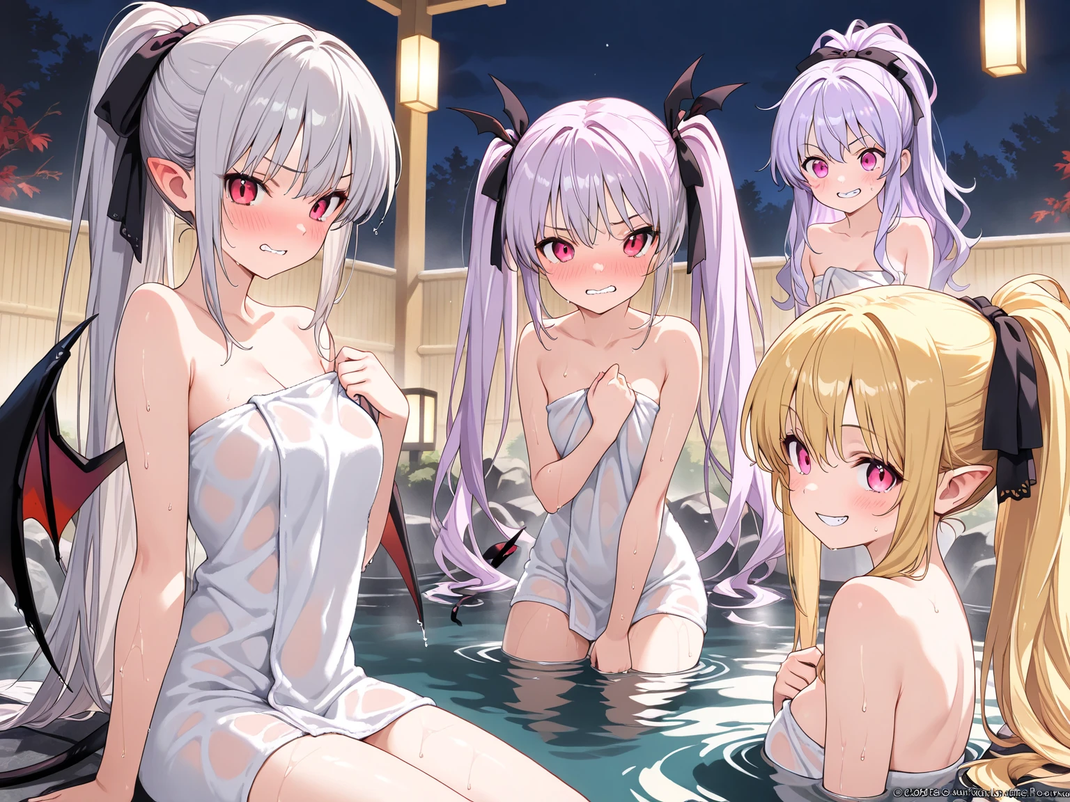 A group of young female medieval fantasy adventurers, (in medieval public bathhouse), various hair styles and colours, harem, night, detailed faces, seducing, wearing skimpy fantasy clothing, topless exposing small breasts and nipples, waterfight, surprised expression, changing clothes, wet skin, water splash around the area, soft moonlight, cute butts
