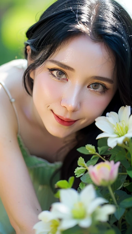 ???? ?????????????, flowers (realistic photo: 1.4), (hyper realistic: 1.4), (realistic: 1.3), (softer lighting: 1.05), (increase the quality of cinematic lighting: 0.9), 32K, 1 girl, 20 year old girl, realistic lighting, backlight, light on face, ray trace, (bright light: 1.2), (increase quality: 1.4), (skin with real texture of better quality: 1.4), dog in the arms,  smiling, happy, finely detailed eyes, finely detailed face, black hair, finely quality eyes, (joy, flush, smile, happiness), close-up of smile face, (Increase body line mood: 1.1), (Increase skin texture beauty: 1.1) (short lace black lingerie), (cool colors), damp, damp, reflections, grass background with flowers (masterpiece) (perfect proportion)(realistic photo)(best quality) (detailed) photographed on a Canon EOS R5,  50mm lens, F/2.8, HDR, (8k) (wallpaper) (cinematic lighting) (dramatic lighting) (sharp focus) (intricate)