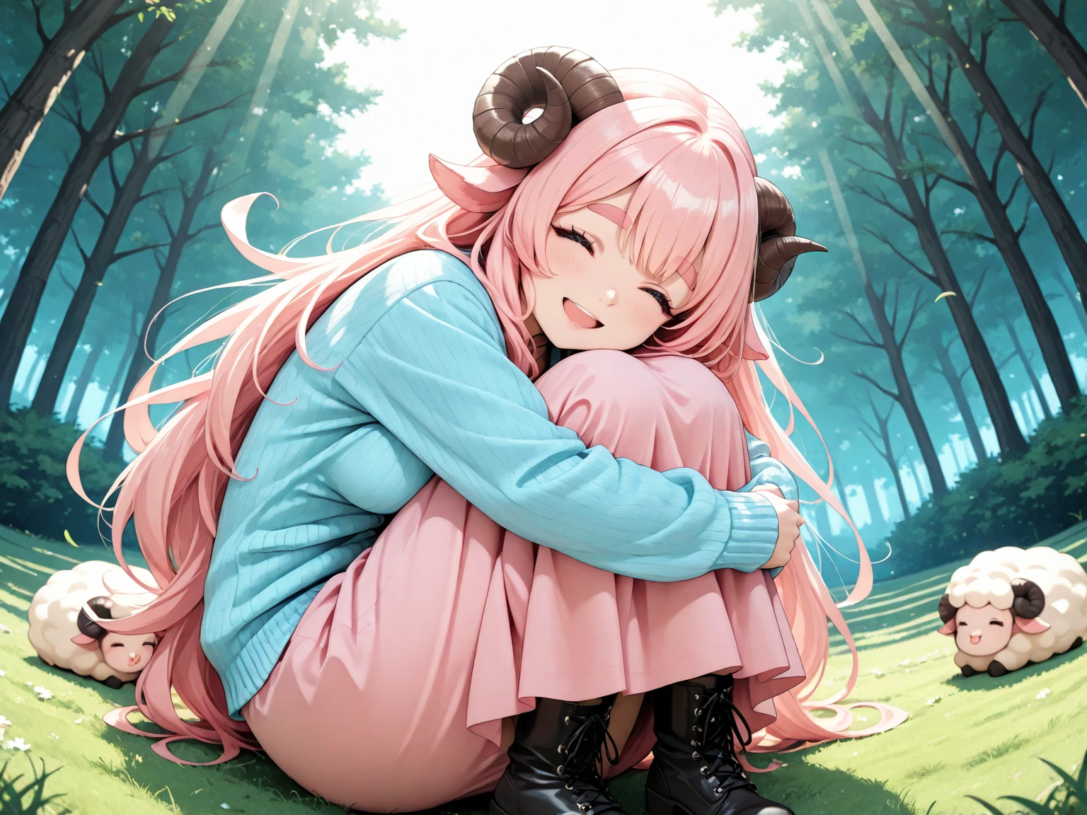 (masterpiece:1.2, good ), 1girl, solo, looking at viewer, (1girl\Fluffy & pink long hair:1.3\Thick eyebrows\Round sheep horns\pink long dress\Sky blue cardigan\boots\Close eyes\sleeping:1.5\smile＋happy:1.2\fetal position:1.2), BREAK, detailed background, Breezy Grassland nature theme, dim lighting, light rays, depth of field, incredibly absurdres, highres, newest, BREAK, ひつじちゃん:1.2