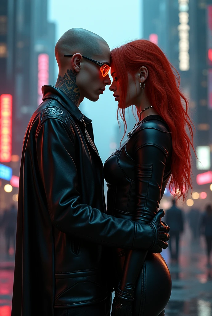 Create an evocative image of Scarlett Johansson as black widow ((short red hair)) wearing black crop top and Elizabeth Olsen as scarlet witch ((long brown hair)) wearing red crop top, side by side outside a spaceship, resting on a bed, gazing silently towards the horizon where the warm hues of a setting sun paint the sky in nostalgic colors. Cinematic lighting. Panty, (crop top). hug. kiss. passionate gentle kiss on the lips. kissing. looking at each other. grabbing buttocks. Breasts pressed, breast grab,  grab, consensual. Bliss. (NSFW)