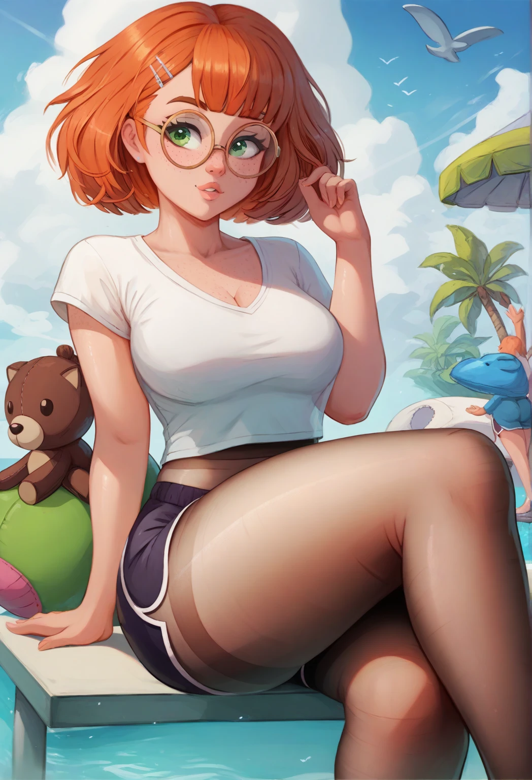 (Velma (human) bikini) full body, beside (Scooby Doo four footed Great Dane dog) on a deserted beach