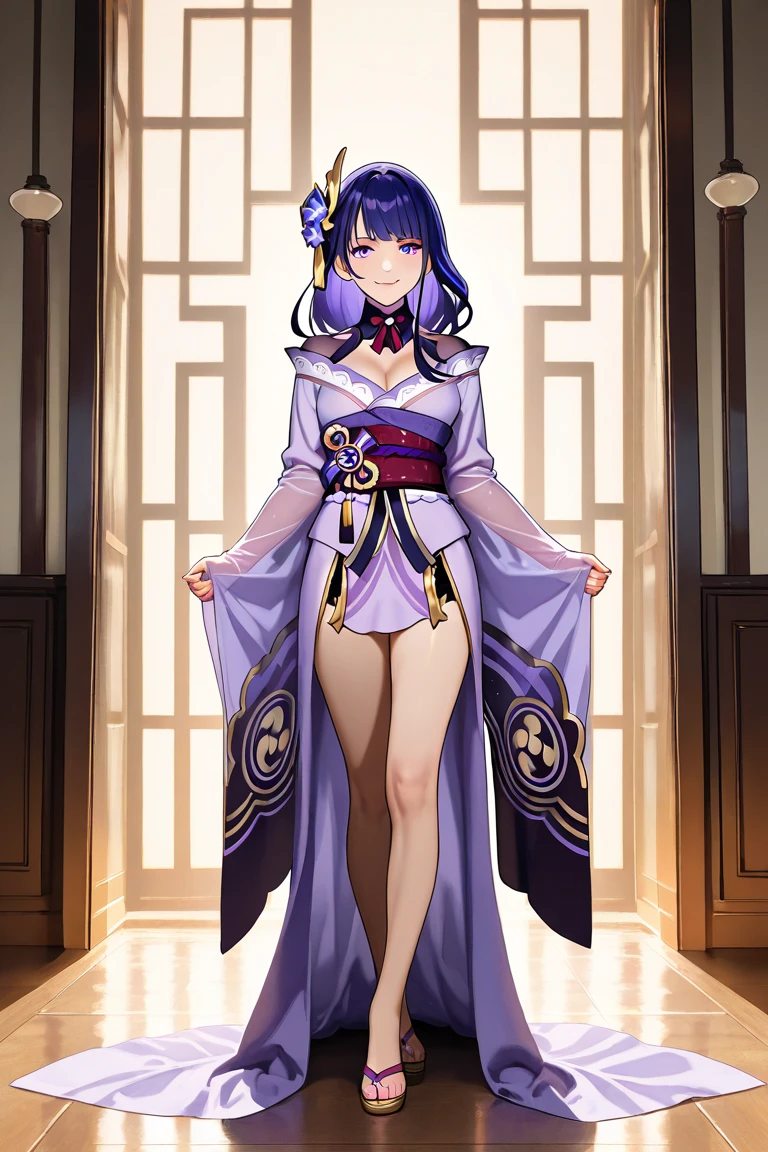 2d, masterpiece, best quality, anime, highly detailed, full body, 1girl, solo, marine_kimono, japanese clothes, fur trim, wide sleeves, pelvic curtain, cleavage, hair bow, hair flower, ponytail, heterochromia, standing, east asian architecture, new year, fireworks, smile <lyco:senchou_unison-10:1>