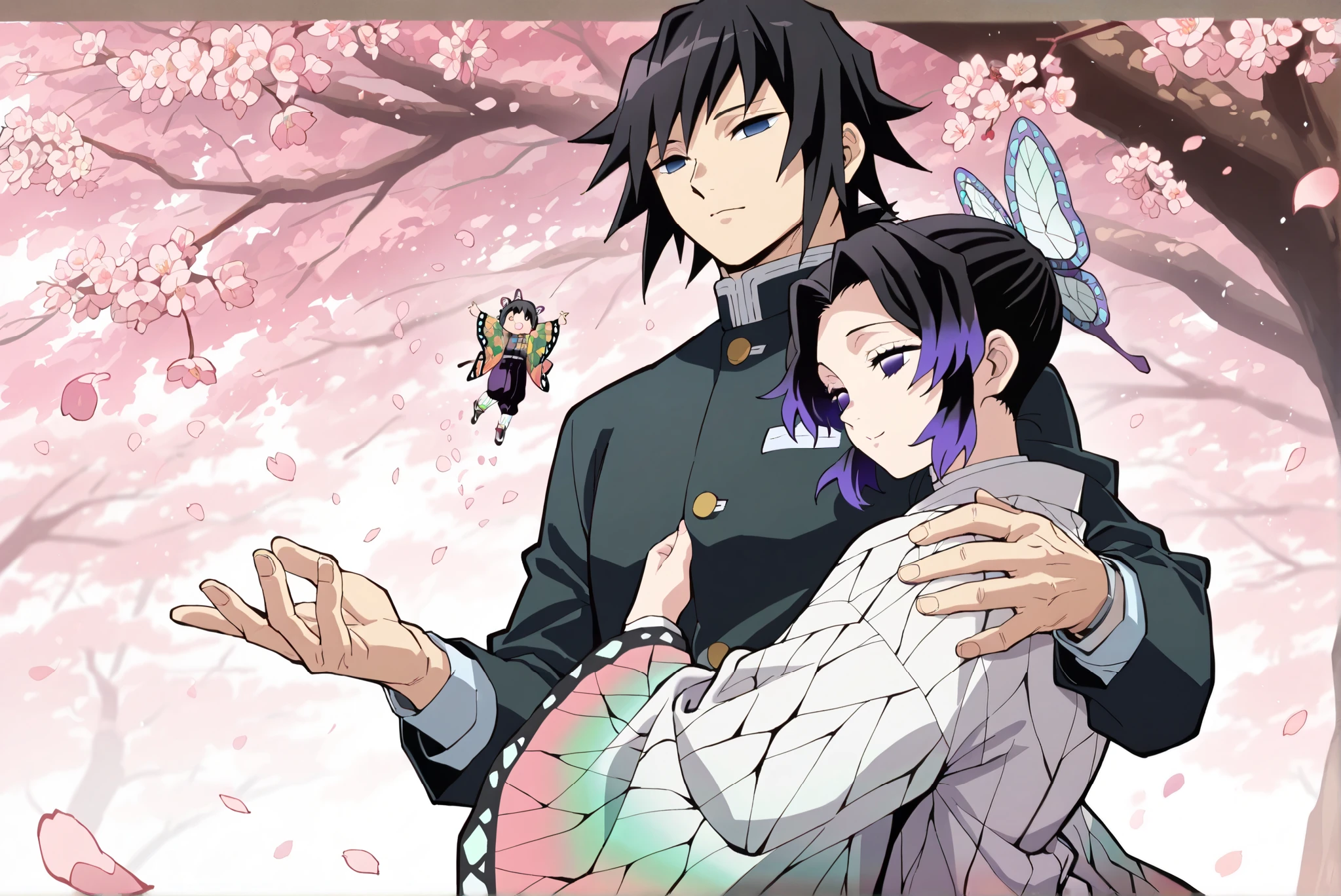 ((masterpiece)), ((best quality)), (8k), A brunette boy and a girl hugging each other,  (Giyuu Tomioka), The boy is Tomioka Giyu from Demon Slayer, Tomioka Yoshiyuki, Tomioka Giyu , (kochou shinobu), The girl is Shinobu Kocho from Demon Slayer,  cherry blossom tree background， falling petals, anime style, Anime style, Refer to the style of Koyoharu Gotouge's work