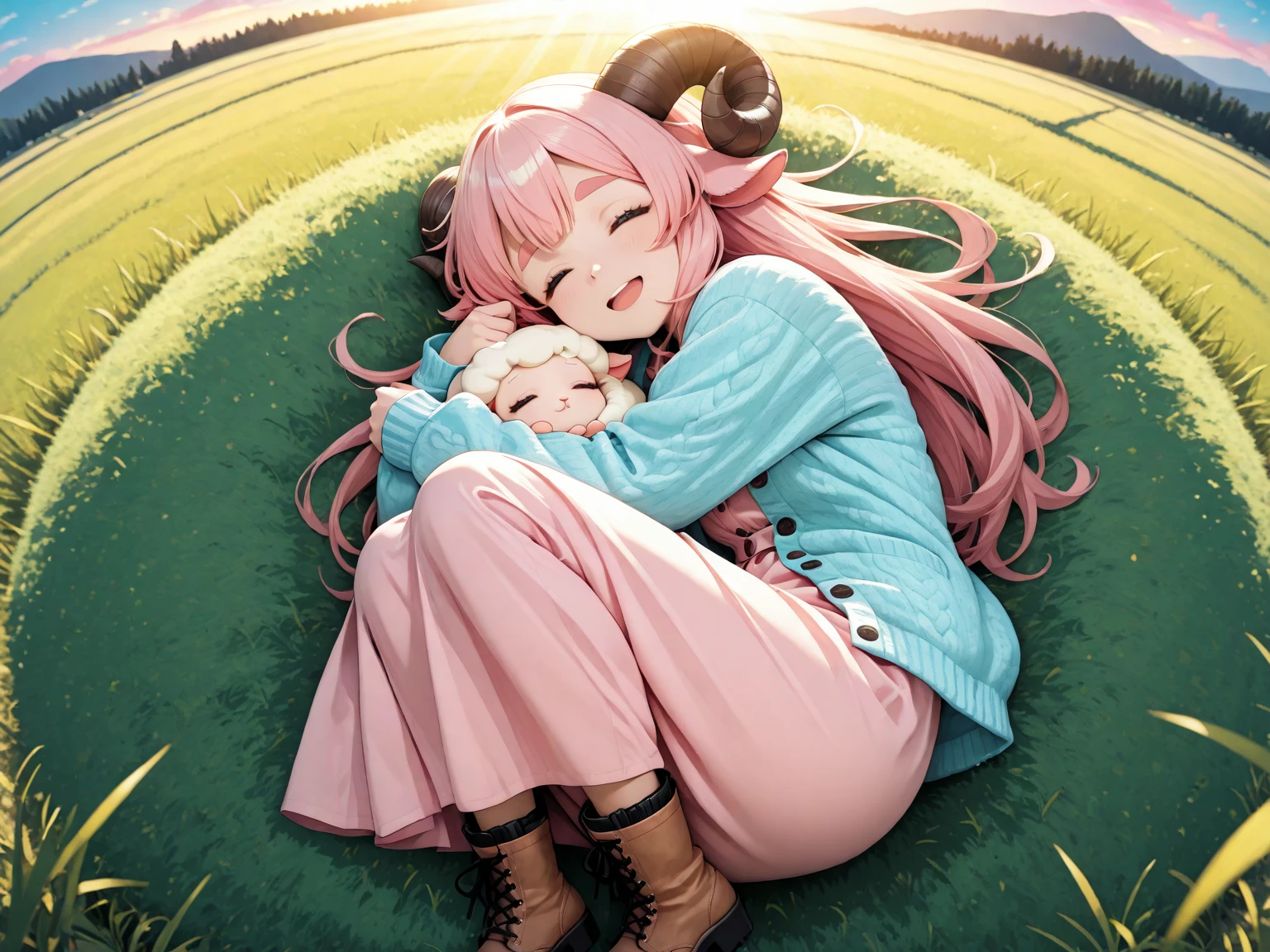 (masterpiece:1.2, good ), 1girl, solo, looking at viewer, (1girl\Fluffy & pink long hair:1.3\Thick eyebrows\Round sheep horns\pink long dress\Sky blue cardigan\boots\Close eyes\sleeping:1.5\smile＋happy:1.2\fetal position:1.2), BREAK, detailed background, Breezy Grassland nature theme, dim lighting, light rays, depth of field, incredibly absurdres, highres, newest, BREAK, ひつじちゃん:1.2