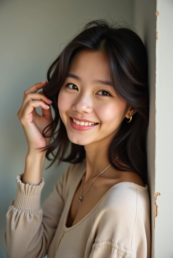 Japanese ),((beautiful girl)),cleavage,An expression that imagines something pleasant:1.2,(perfect body beauty:1.2),((perfect body)),(shy smile),beautiful teeth,