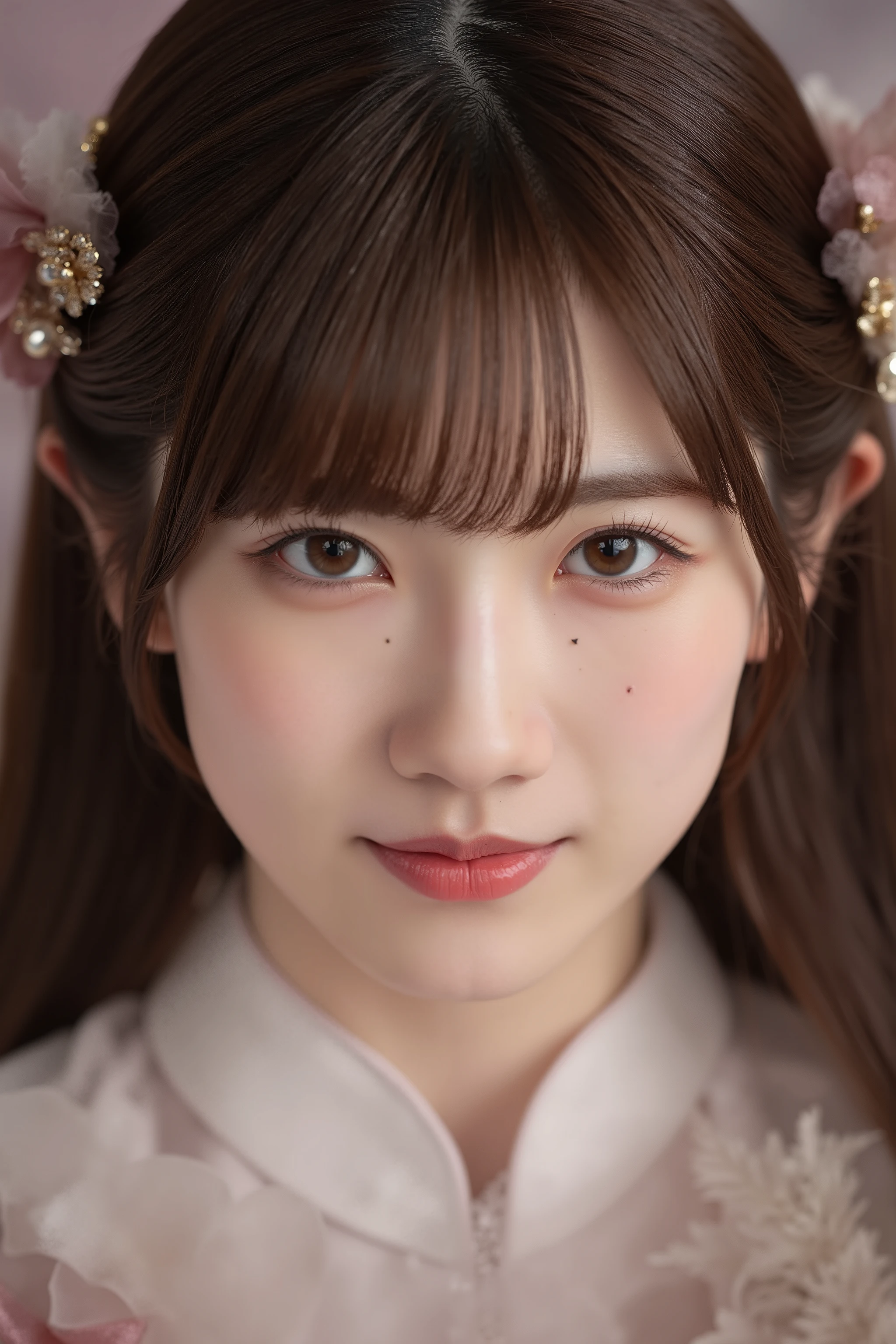 A close-up of the face of a young Asian woman, Odagura, with long straight brown hair with bangs and pale skin. She is dressed as a princess.