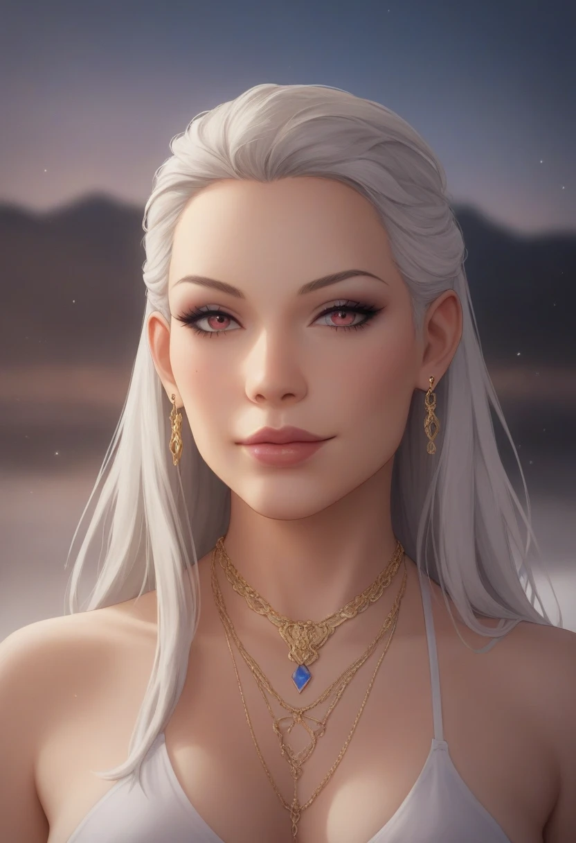 (Fidelity: 1.4), magical, masterpiece, ((female, big)), slim, muscular, sharp ears, light gray skin, long curly white hair, red eyes, smile, be careful, do not disturb, Recite the Pipa