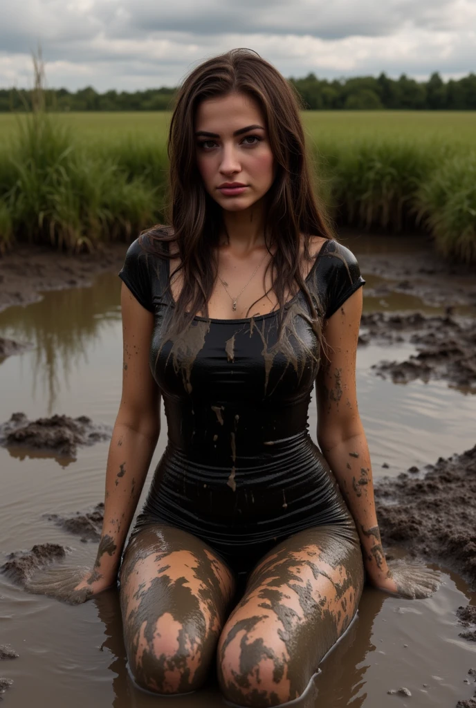 photo,1girl,beautiful,irish,naked,looking at viewer,long green plaited hair,(wet muddy hair),<lora:QuicksandSDXL:0.9>,quicksandsdxl,stuck in deep mud,(covered in mud),excessive mud,
