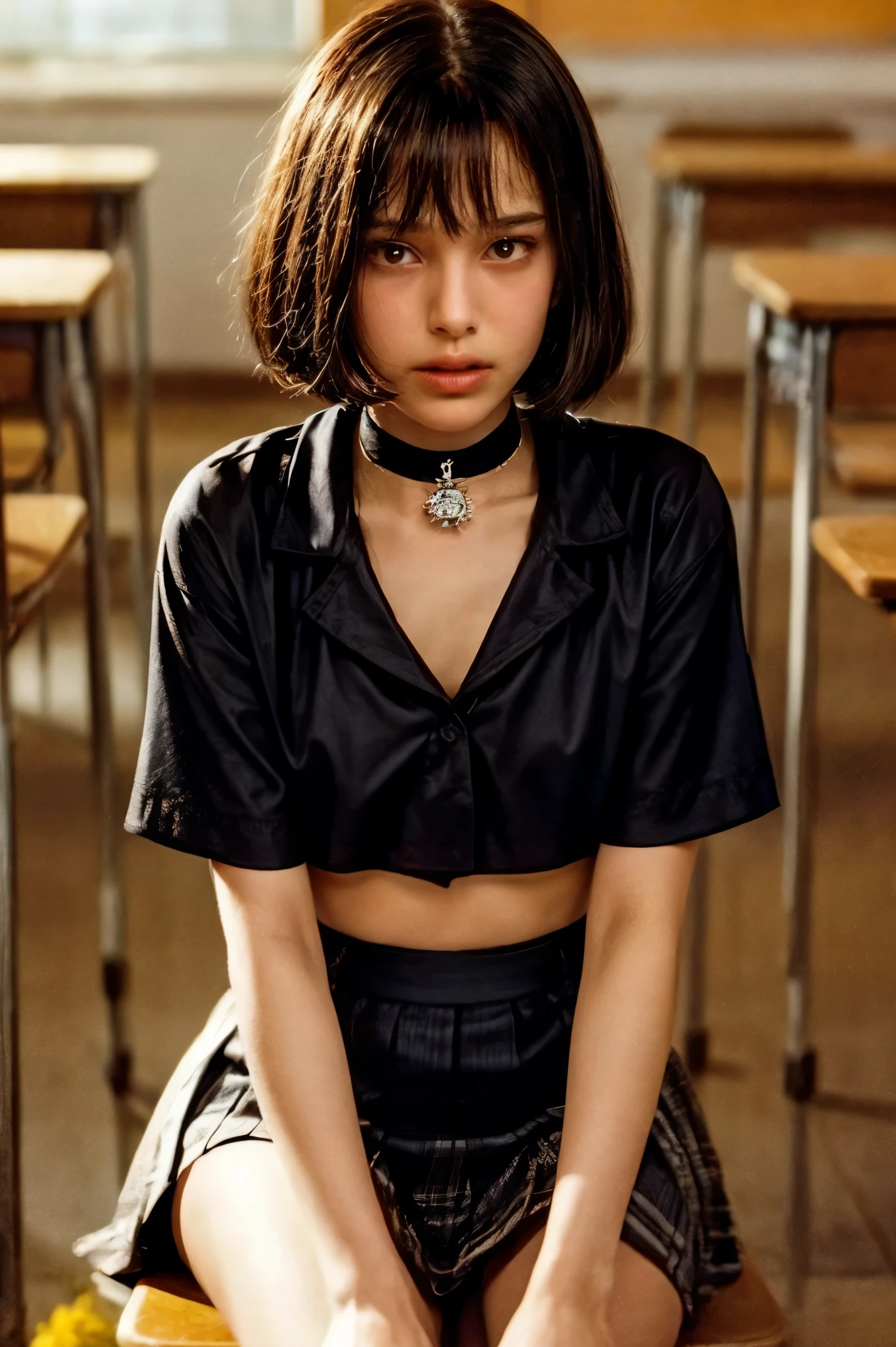 (nsfw:-2),(realistic, photo-realistic:1.4), (masterpiece, best quality:1.2), RAW photo, high resolution, intricate details, extremely detailed, sharp focus, cinematic lighting, portrait, (full body shot), frontal photography, solo, 1girl, a Israeli woman, dark hair, (short bob cut with short bangs), (detailed face, beautiful detailed eyes, sophisticated nose), pale skin, collarbone, (tiny breasts, flat chest), (choker, jewelry, wearing the uniform of a Japanese school girl inside of a classroom