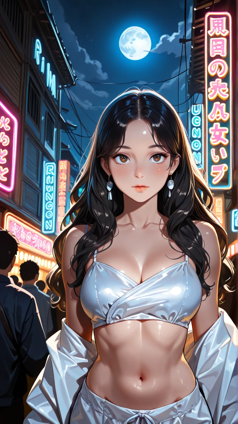 gold lingerie and a flower crown, in a vibrant fantasy environment with neon lights, in a surrealist style, with a dramatic cinematic effect, kawaii, cute overload, 60s psychedelic anime style background, funky, trippy, playful, cleavage, big breasts, pastel color palette, realistic, (((yor forger))), (spy family), black hair, red eyes, 