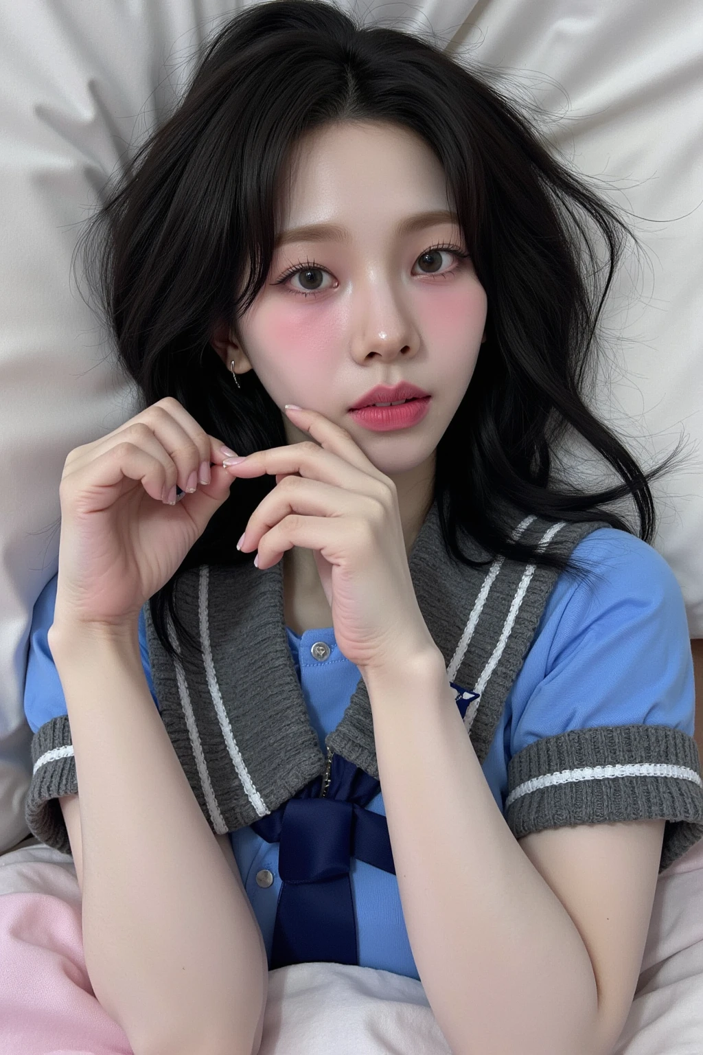 Ultra-realistic capture, Highly detailed, High resolution 16k close-up of human skin. Skin texture must be natural, With such detail that pores can be finely identified, Skin should look healthy, In a uniform tone. Use natural light and color, photo realistic, Full Body Shot, full body, jk uniform, wearing school uniform, japanese school uniform, lie in bed, come undone, ahegao,japanese girl , wearing japanese , wearing a , , , hyperrealistic , realistic , lose one's clothes, seifuku, lie on the bed