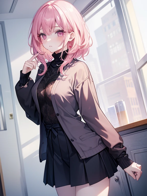 1girl,alternate costume,bag,black dress,black pantyhose,blush,bracelet,breasts,brown jacket,dress,hand in pocket,handbag,jacket,jewelry,large breasts,looking at viewer,pantyhose,pink hair,ponytail,sidelocks,smile,solo,sweater,sweater dress,stage,yellow eyes