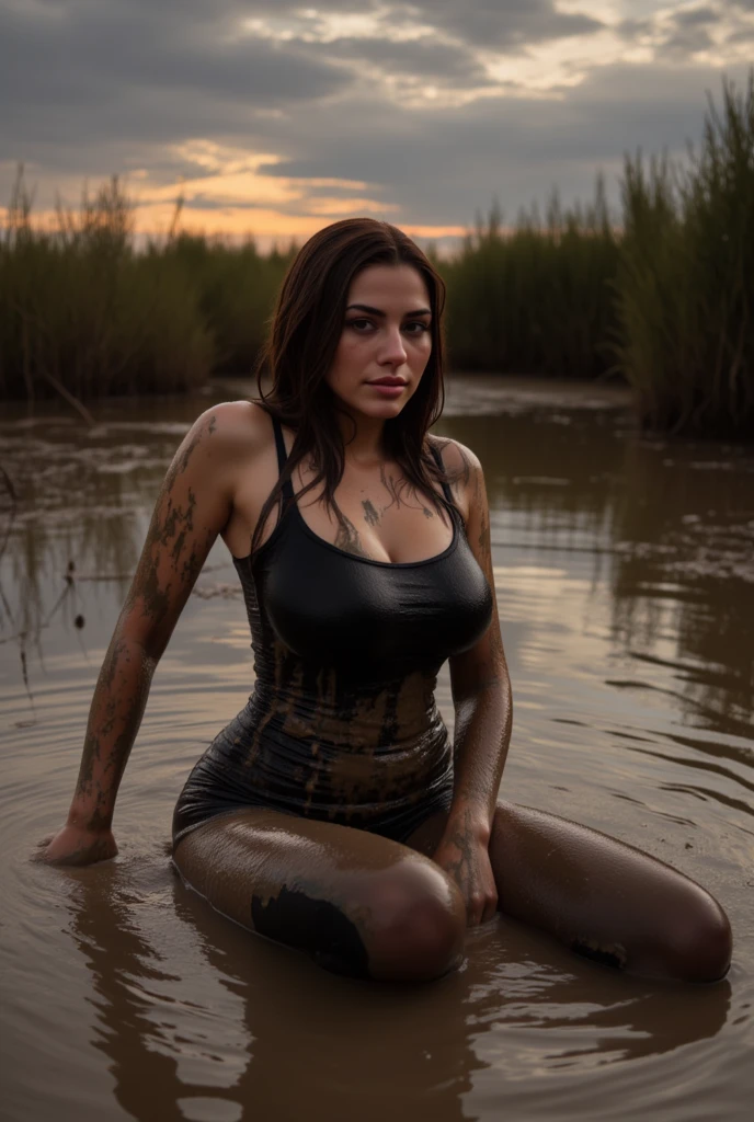 Hyperrealistic photograph of two women, in mudflats, thong, French kiss, 30-year-old women smeared with mud, Lena Meyer Landrut, dance pose, light blue underbust corset smeared with mud, ruffles, black tulle skirt smeared with mud, light blue high heels sandals smeared with mud, black fishnet tights, the entire body, red curly hair and clothes are smeared with mud, high quality, realistic lighting, image center, hourglass proportions, 8k, HDR, BDSM, medium chest size, long legs, tinted, professional photography of a woman, natural skin texture smeared with a lot of mud, 4K textures, Adobe Lightroom, Photolab, HDR, intricate, elegant, very detailed, sharp focus, insane details, intricate details, hyper-detailed, bright cinema light, outdoor atmosphere, chin pulled up, (exposed belly: 1.8 ), (long-distance), dominant facial expression