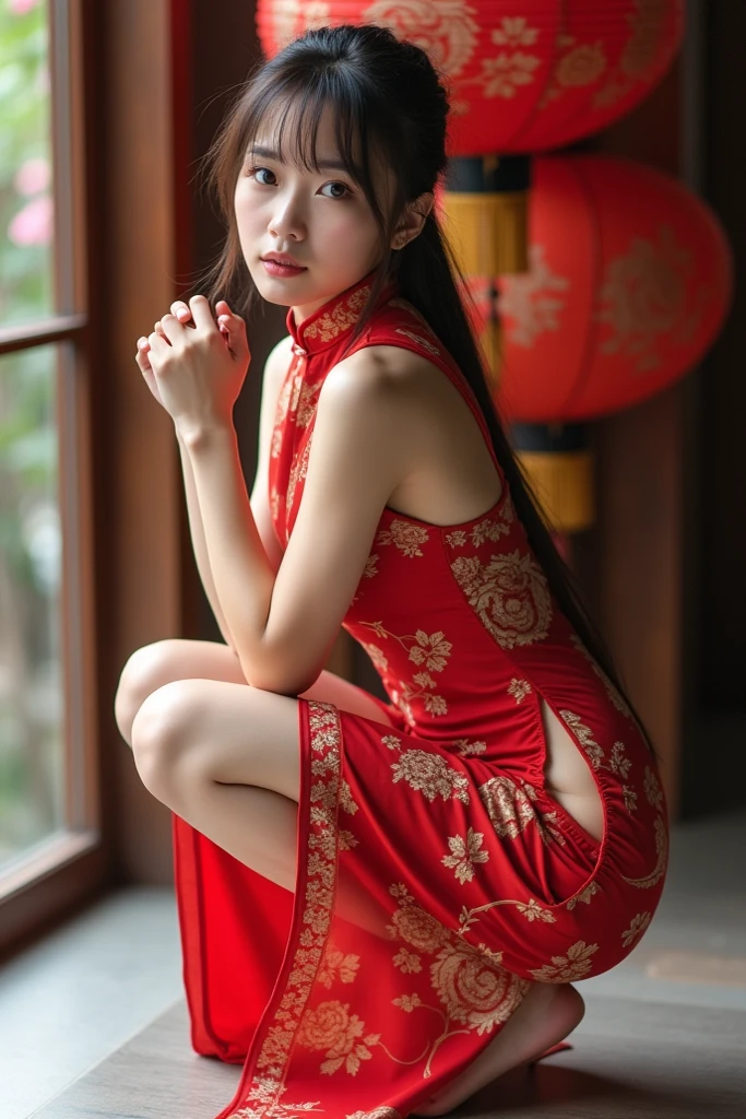 A young Chinese woman of approximately 30 years old is dressed in a delicate red qipao embroidered with golden floral patterns. The qipao has a high collar and short sleeves, revealing her delicate arms. She wears a pair of black satin shoes with elegant thin heels.. Her dark hair is tied up in a sophisticated bun, adorned with a jade clasp. Her expressive, smiling eyes illuminate her subtly made-up face.. She looks confident and graceful, reflecting the beauty and elegance of Chinese culture.