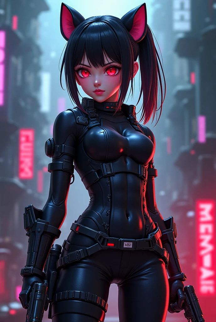 Detailed art, light-skinned humanoid Android with short black hair with triangular bangs covering the eyebrows and bright yellow Cyborg eyes running on the run, female humanoid Android with a mark on her neck that says HUGE running away, her hair has long side bangs down to her waist and back hair and very short, its skin is synthetic similar to humans, running to escape at night in a city