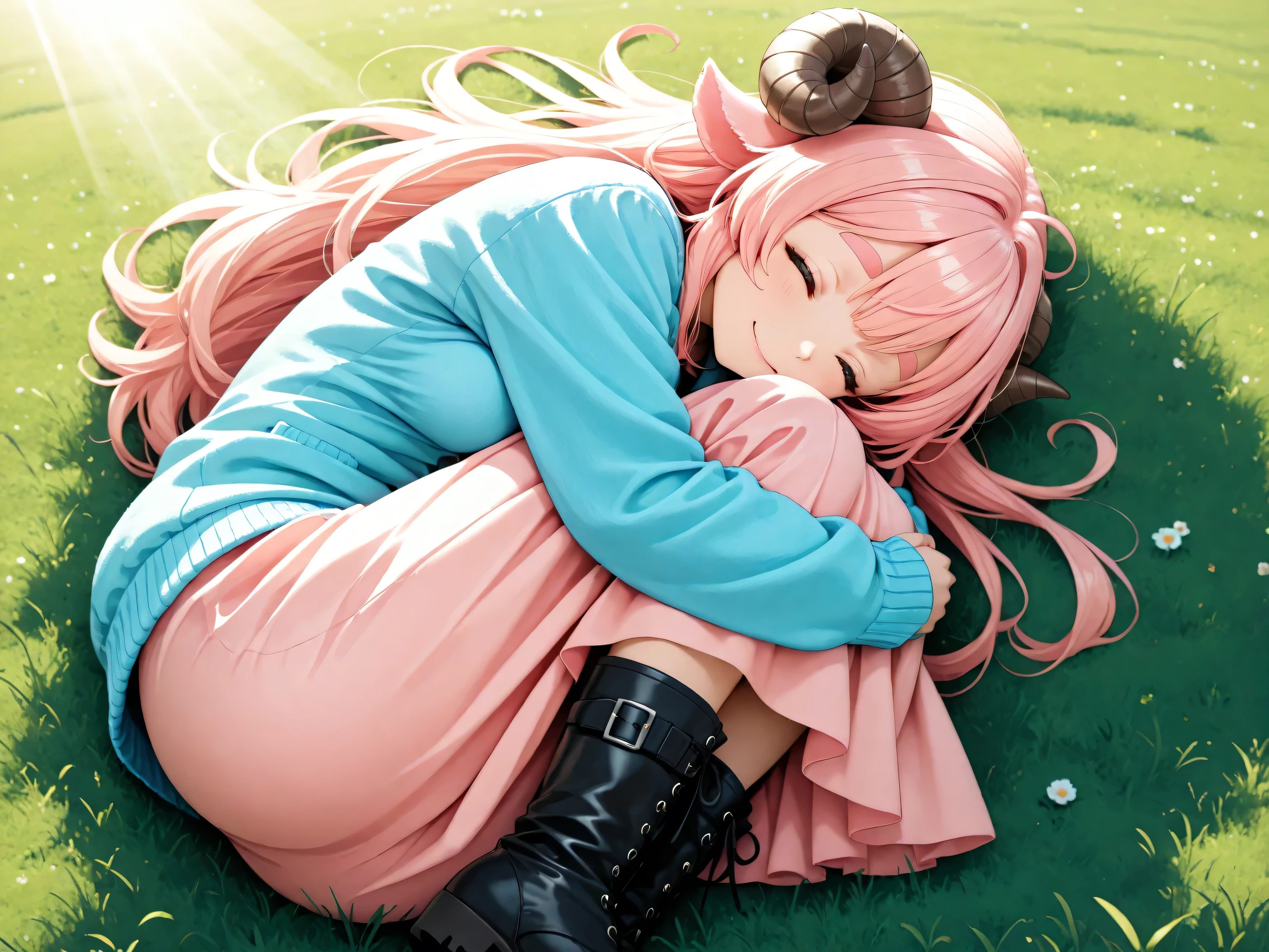 (masterpiece:1.2, good anatomy), 1girl, solo, looking at viewer, (1girl\Fluffy & pink long hair:1.3\Thick eyebrows\Round sheep horns\pink long dress\Sky blue cardigan\boots\Close eyes\sleeping:1.5\smile+happy:1.2\fetal position:1.2), BREAK, detailed background, Breezy Grassland nature theme, dim lighting, light rays, depth of field, incredibly absurdres, highres, newest, BREAK, ひつじちゃん:1.2