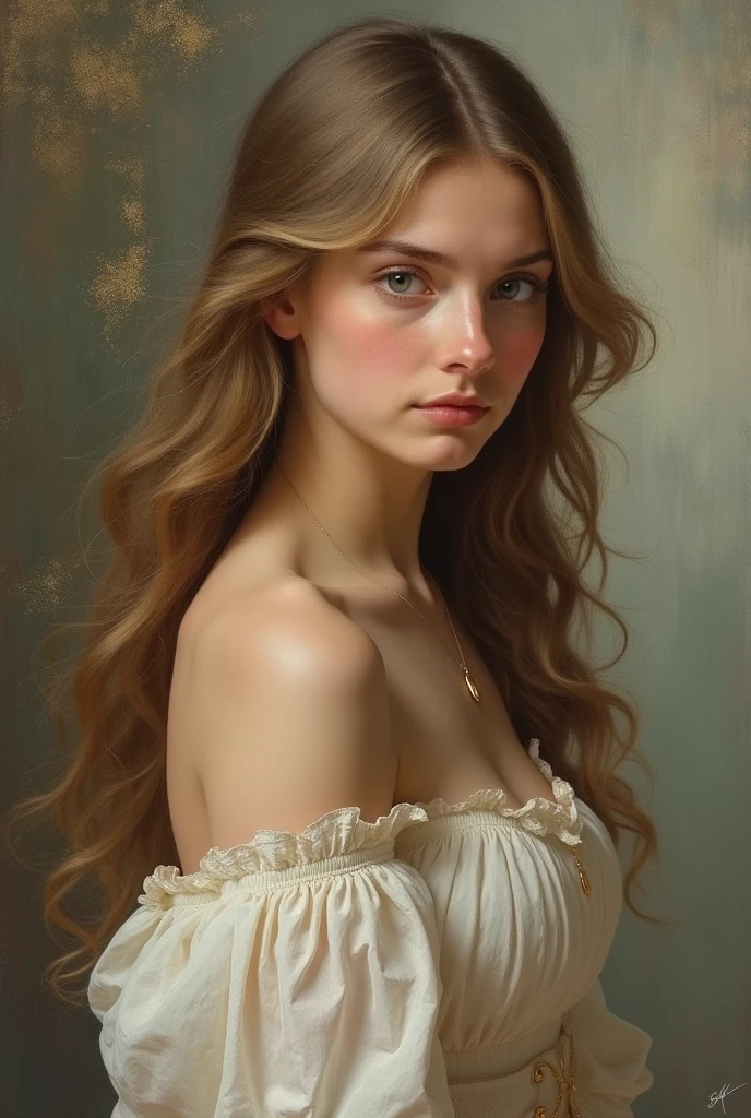 1girl, beautiful teenage girl, very small breasts, short wavy brown hair, portrait, oil painting, modern, realistic proportions, intricate, intricate details, sharp focus