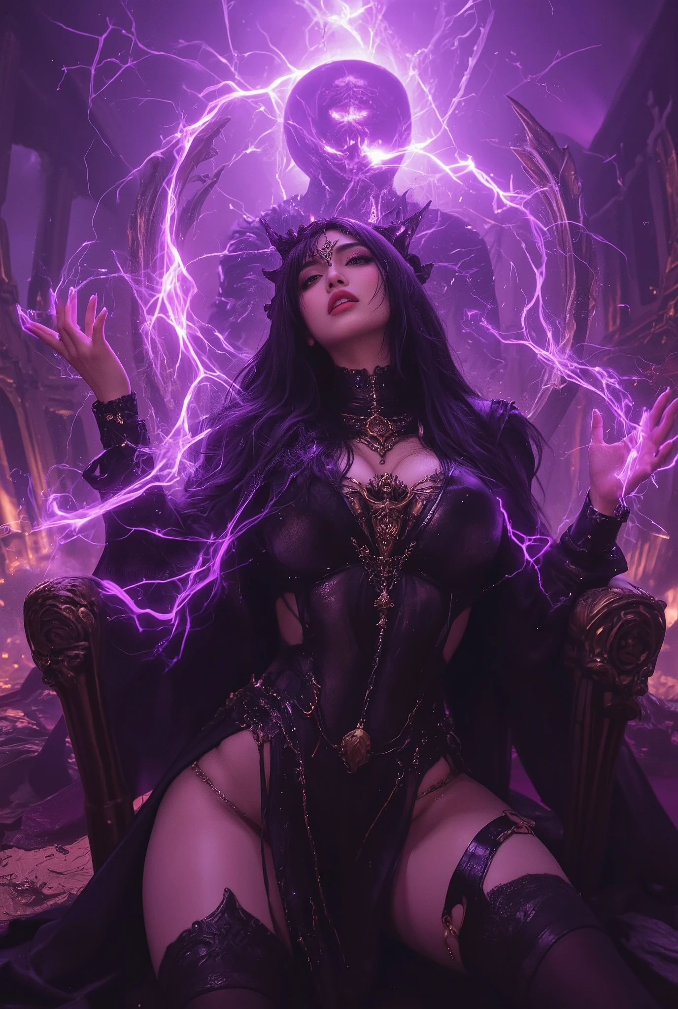 beautiful girl, black long hair, black queen, accessories, (ultimate magic activation:1.6), magic effect:1.4), the end of the world, the witch queen of the future, golden eyes, blue lipstick, vivid colors, cinematic lighting, dramatic pose, intricate details, hyper detailed, 8k, photorealistic, digital art, fantasy, dark fantasy, concept art, neon colored