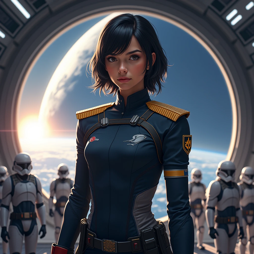 there is a woman standing in front of a spaceship with a spaceship in the background, pulp style poster, cinemascope panorama, cryptocurrency in the background, coiffed brown hair, wearing a pink ballroom gown, beautiful android woman, inspired by Howard Lyon, an imperial agent from star wars, girlboss, dating app icon, fiberglass, official artwork, by Richard Hess --ar 16:9 --v 5.1