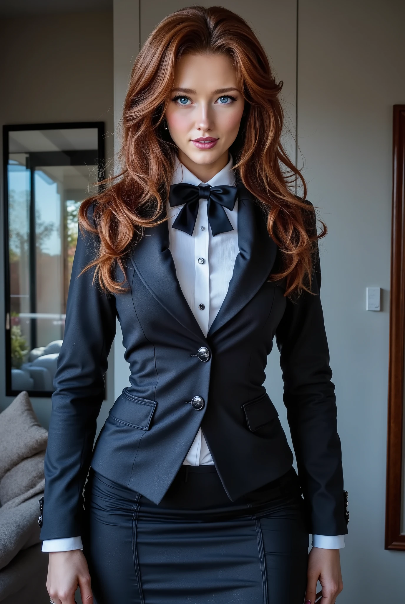 (absurdres, highres, ultra detailed), masterpiece, Phoebe (resident evil), ((solo)), long red hair, 1girl, skirt suit, tuxedo, black jacket, waistcoat, black bowtie, bodycon skirt, black clothing, miniskirt, closed mouth, standing, (((detailed lips))), ((realistic skin)), glowing skin, ((glossy red lips)), portrait, beautiful, normal skin, blue eyes