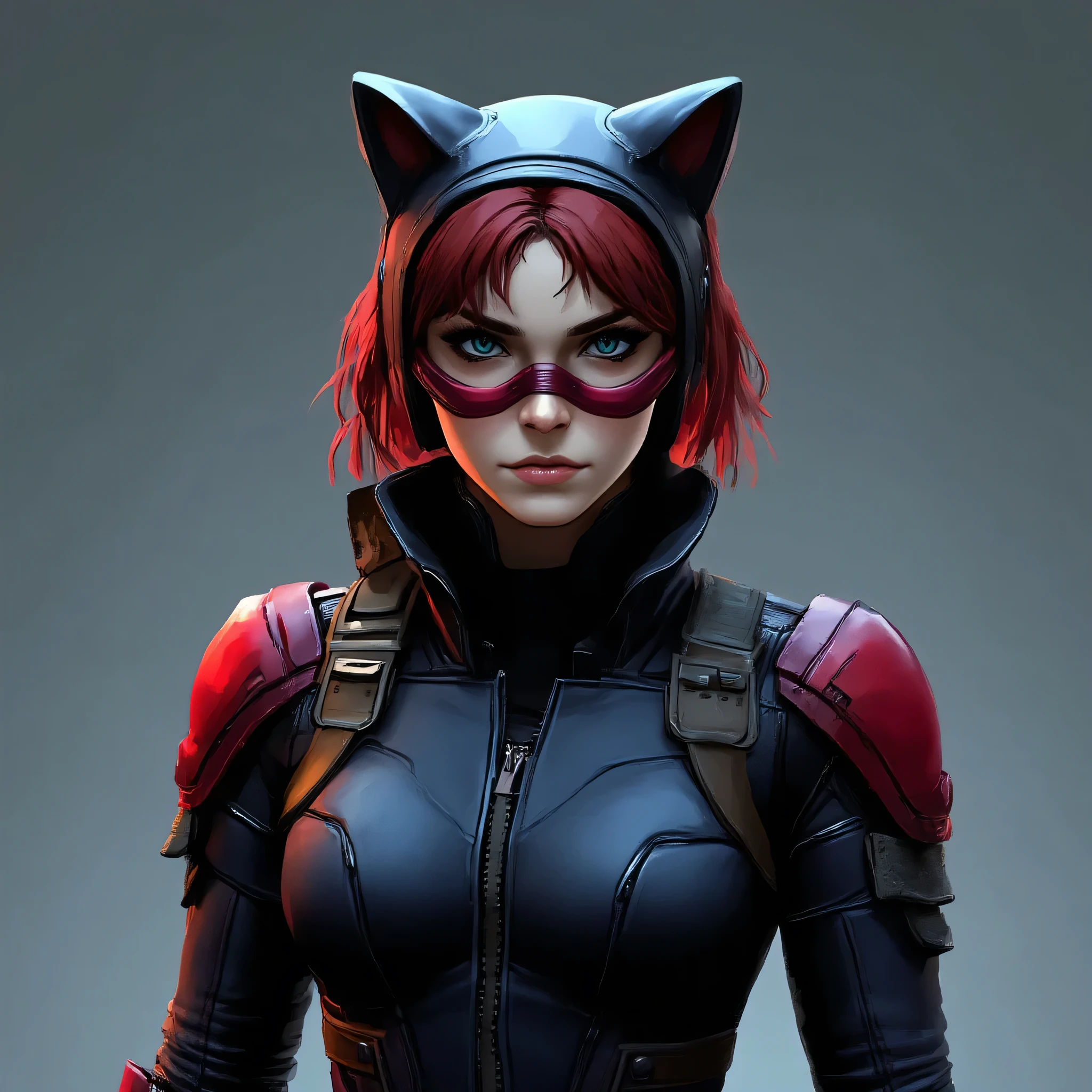 "Design a digital portrait of Black Widow with a cat head, wearing her sleek tactical outfit. Ensure the face is minimal or left blank for easy swapping, paired with a soft, even-lit, low-detail background, ultra-detailed, 8K."