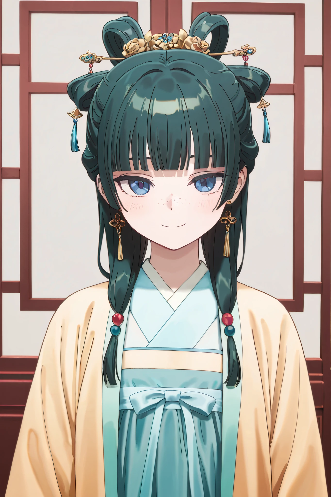 NSFW,masterpiece,Highest quality,high resolution,very detailed,Cat\( one by one person at the drugstore\),long hair、bangs、 blue eyes、hair ornaments close to the garden、 green hair、鈍いbangs、 freckles、 bun hair, single bun,Hanfu,Chinese clothing,maid,Bad Smile