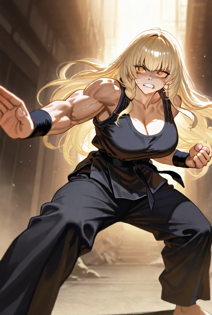 score_9, score_8_up, score_7_up, score_9, source_anime, BREAK TsunadeSDXL, 1girl, solo, long hair, breasts, looking at viewer, bangs, blonde hair, large breasts, simple background, white background, cleavage, bare shoulders, brown eyes, closed mouth, collarbone, thighs, japanese clothes, sleeveless, pants, armpits, kimono, huge breasts, parted bangs, sash, bare arms, muscular, facial mark, obi, sandals, clenched hand, serious, mature female, fighting stance, forehead mark, muscular female, blue pants, midriff peek, incoming attack, tsunade (naruto)