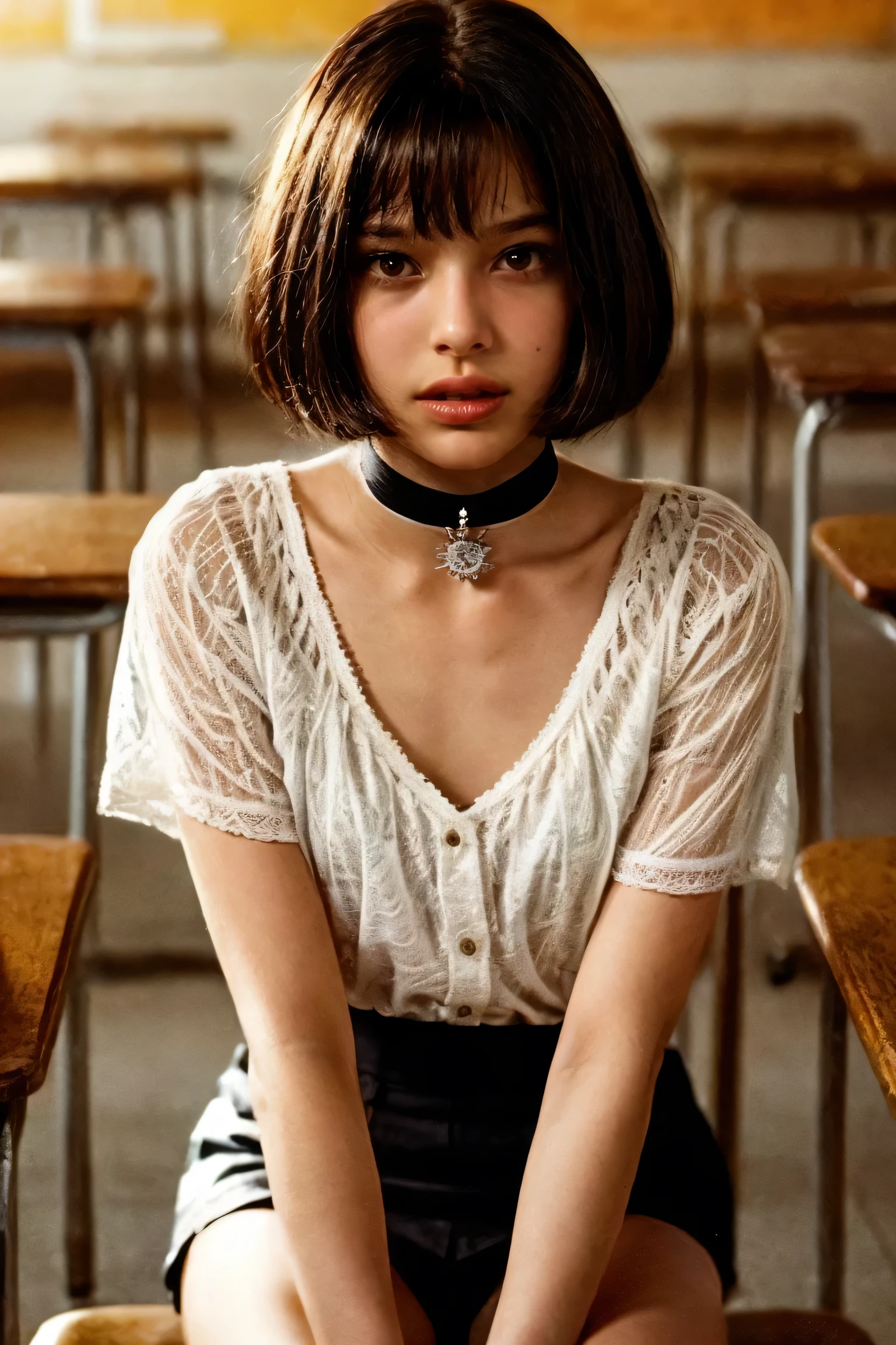 (nsfw:-2),(realistic, photo-realistic:1.4), (masterpiece, best quality:1.2), RAW photo, high resolution, intricate details, extremely detailed, sharp focus, cinematic lighting, portrait, (full body shot), frontal photography, solo, 1girl, a 12yo Israeli woman, dark hair, (short bob cut with short bangs), (detailed face, beautiful detailed eyes, sophisticated nose), pale skin, collarbone, (choker, jewelry, wearing a short black skirt and white blouse inside of a classroom
