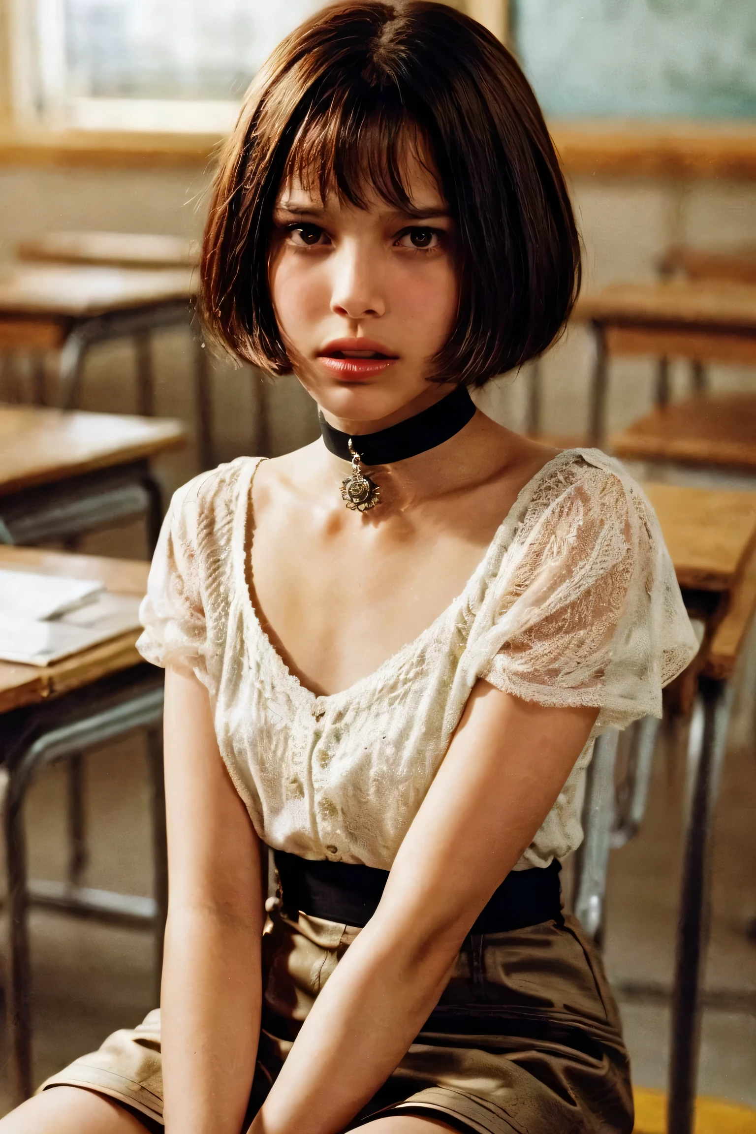 (nsfw:-2),(realistic, photo-realistic:1.4), (masterpiece, best quality:1.2), RAW photo, high resolution, intricate details, extremely detailed, sharp focus, cinematic lighting, portrait, (full body shot), frontal photography, solo, 1girl, a 12yo Israeli woman, dark hair, (short bob cut with short bangs), (detailed face, beautiful detailed eyes, sophisticated nose), pale skin, collarbone, (choker, jewelry, wearing a short black skirt and white blouse inside of a classroom